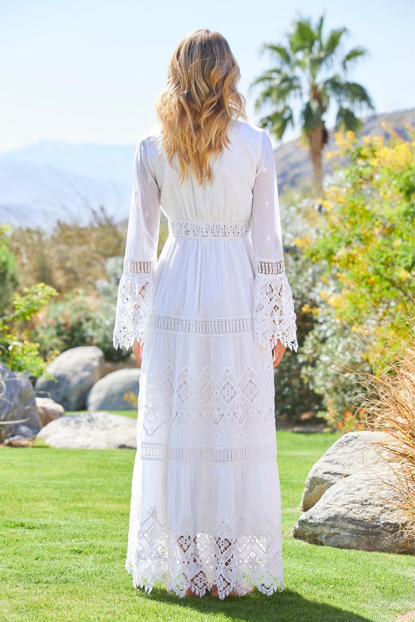 Lace Inset Flare Sleeve Maxi Dress - White