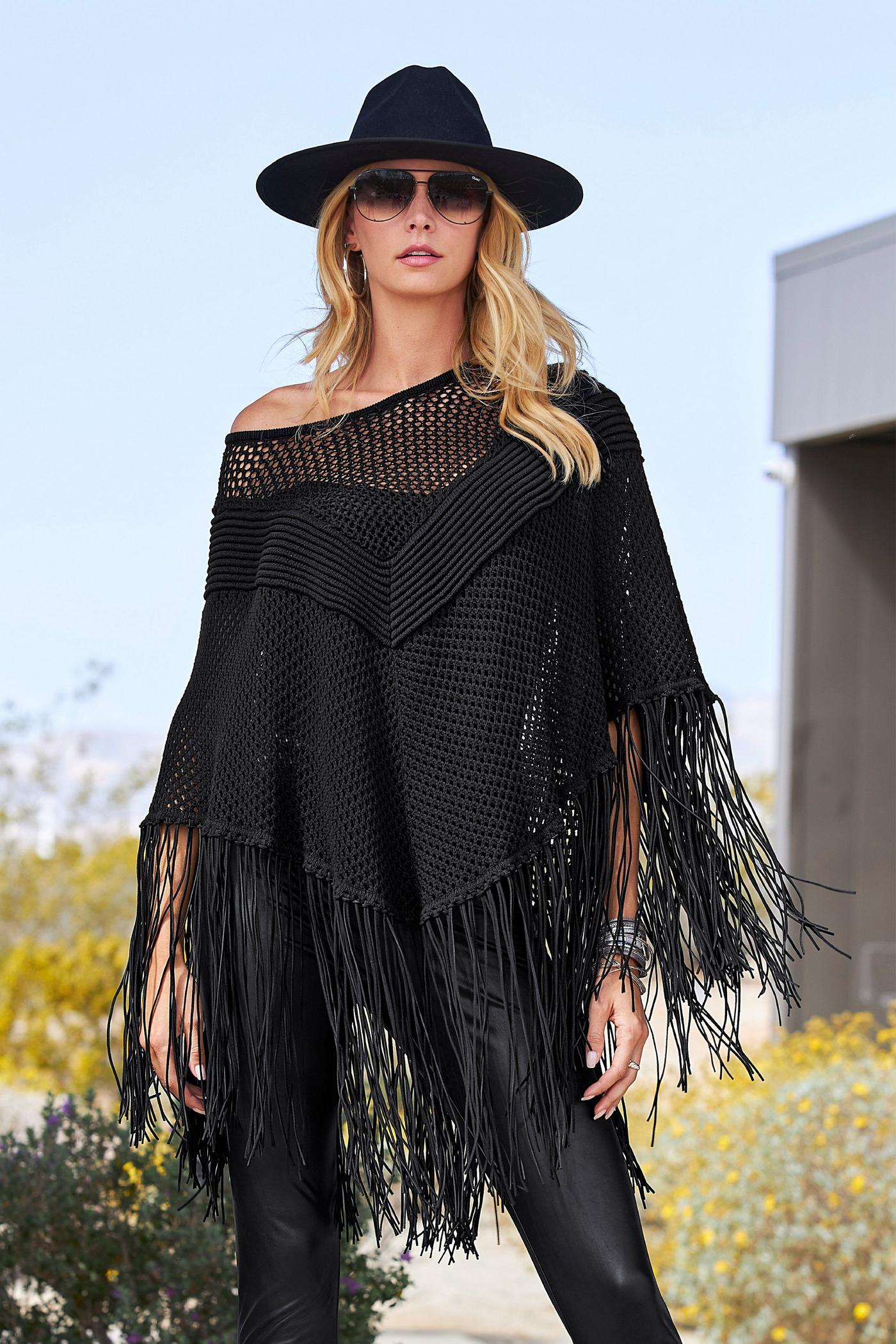 Fringe poncho sweater best sale