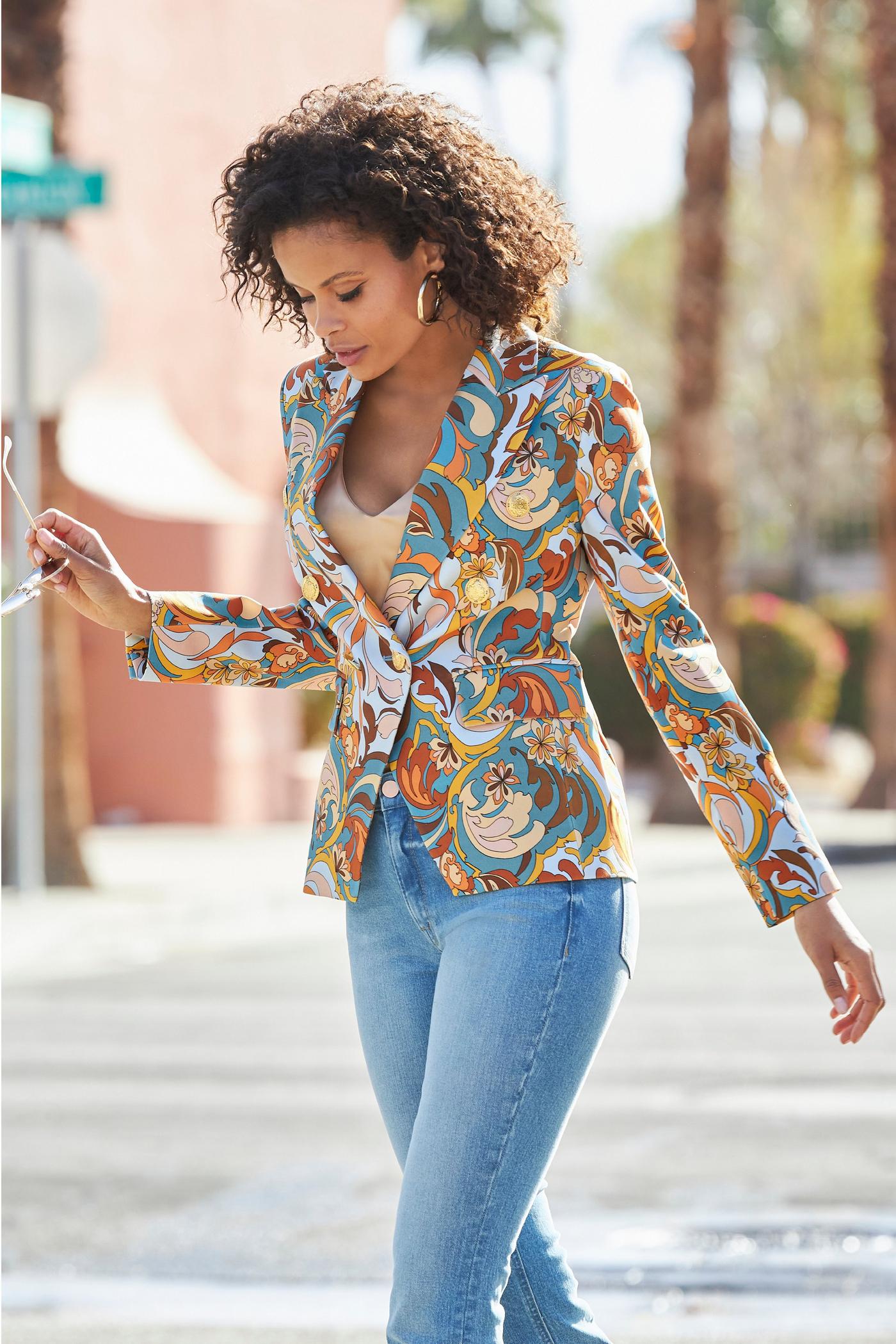 Folk Favorite Print Modern Double Breasted Blazer - Blue Multicolor