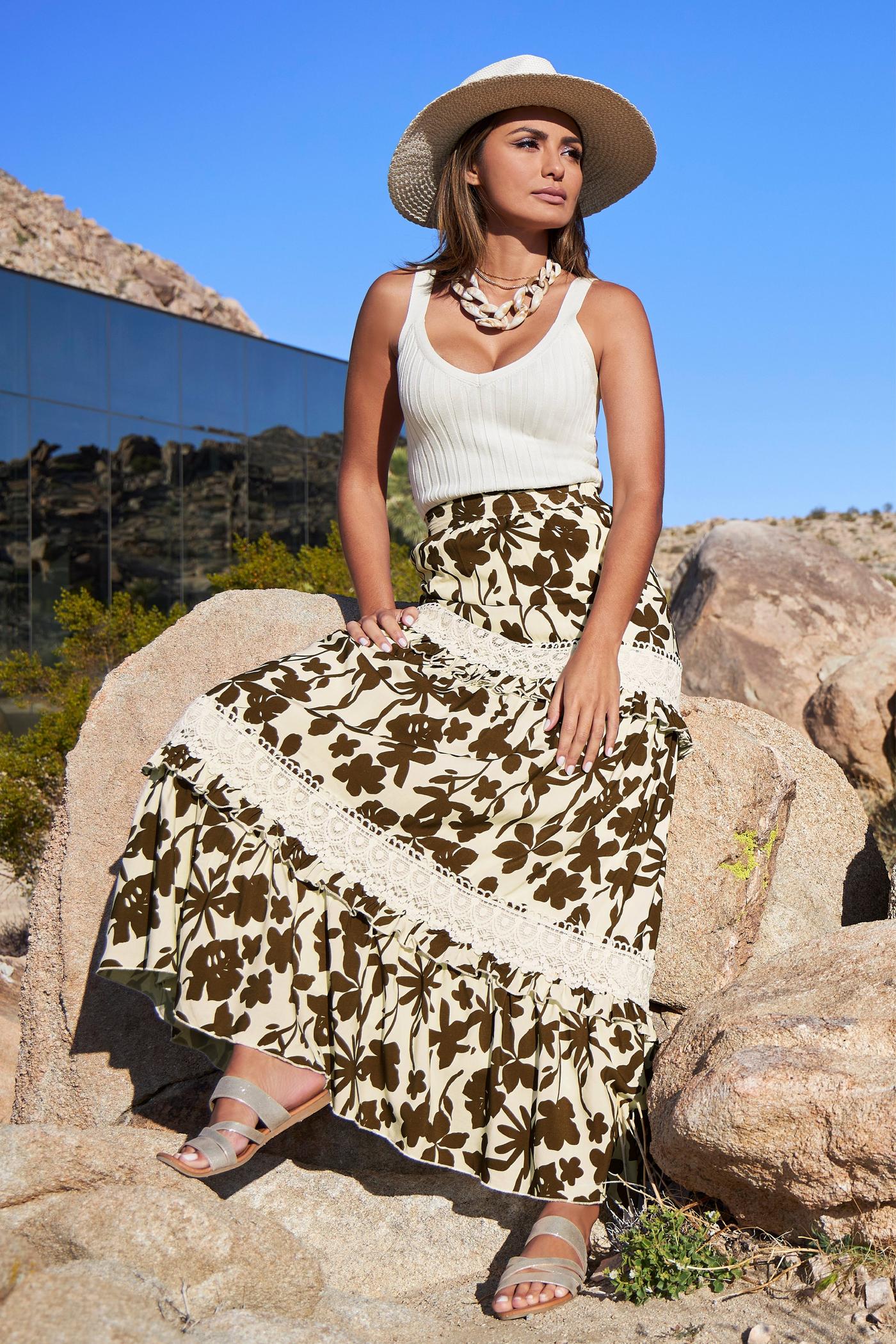 Floral Print Lace Detail Tiered Maxi Skirt Cream Brown Boston Proper