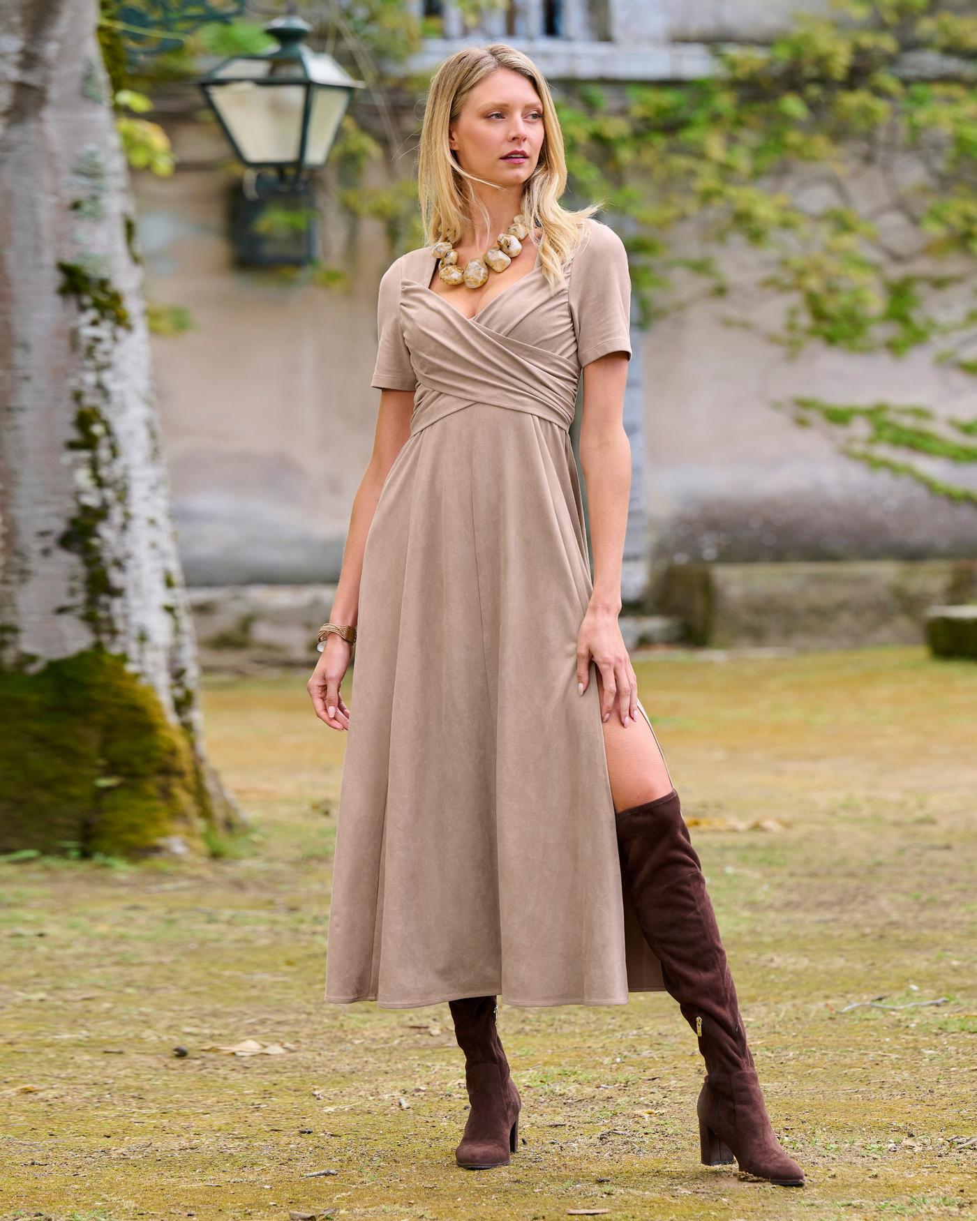 Short Sleeve Faux Suede Slit Maxi Dress Tan Boston Proper