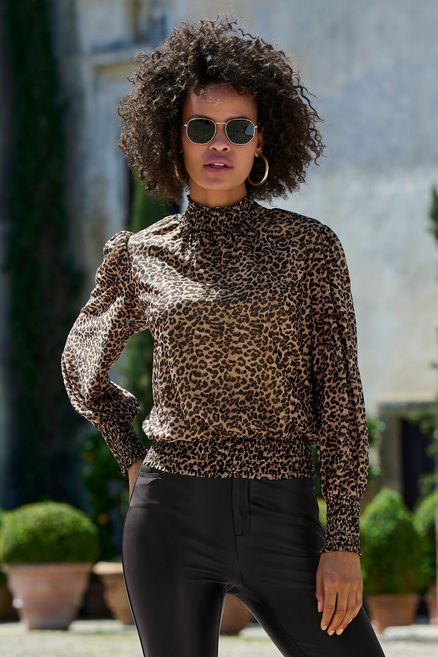 Leopard Print Mesh Turtleneck by GANNI for $45