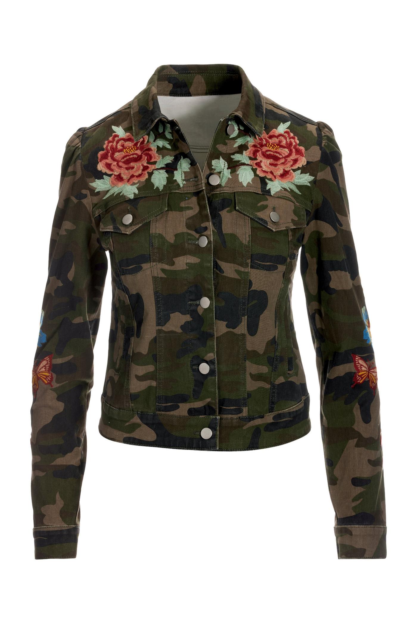 Embroidered Camo Print Denim Jacket Green Multi