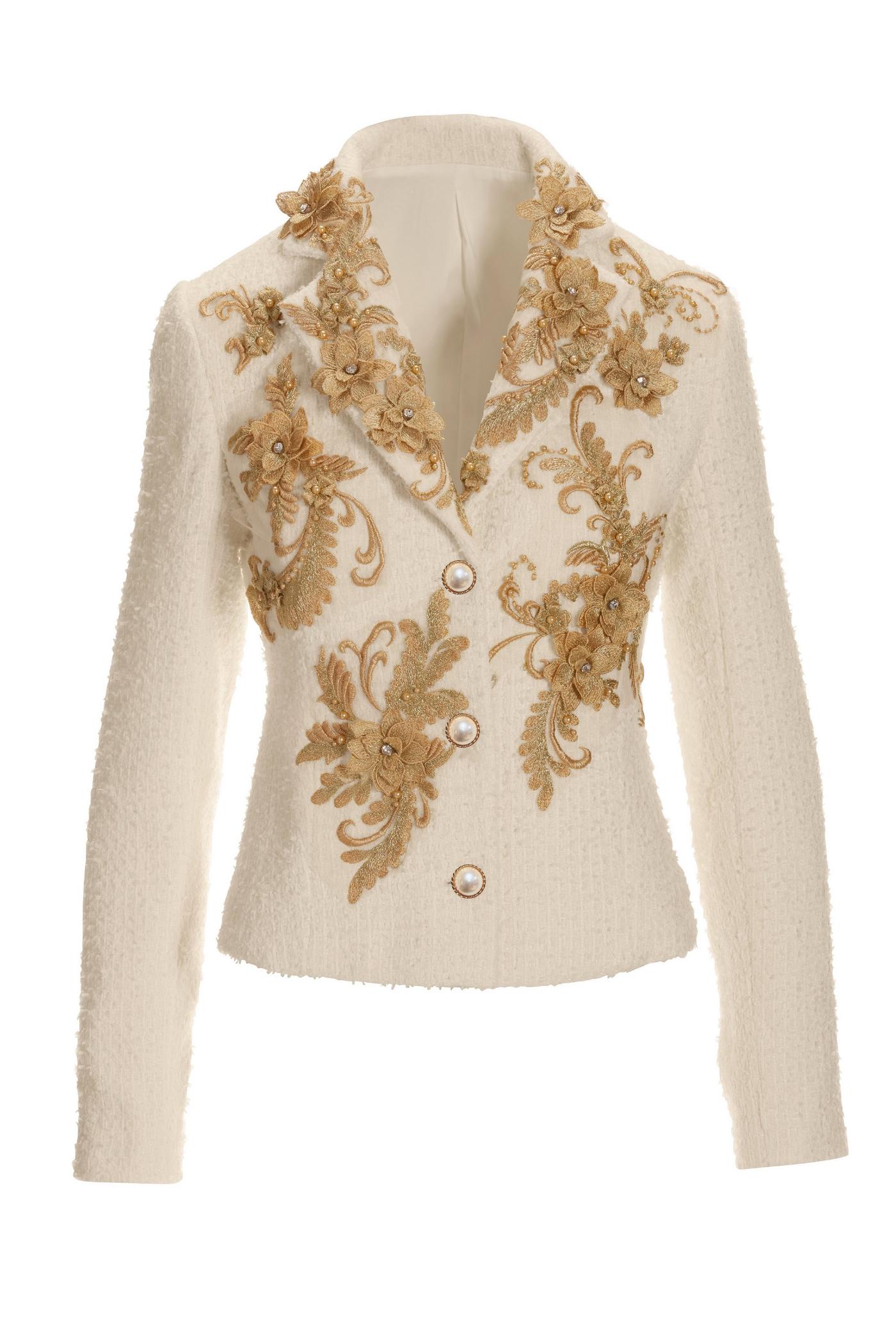 Metallic Floral Appliqu Tweed Parisian Jacket - Off White/Gold 