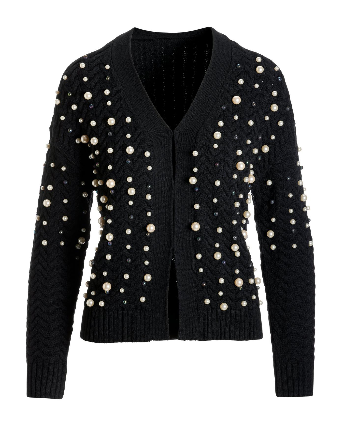 Pearl Embellished Cable Cardigan - Black | Boston Proper