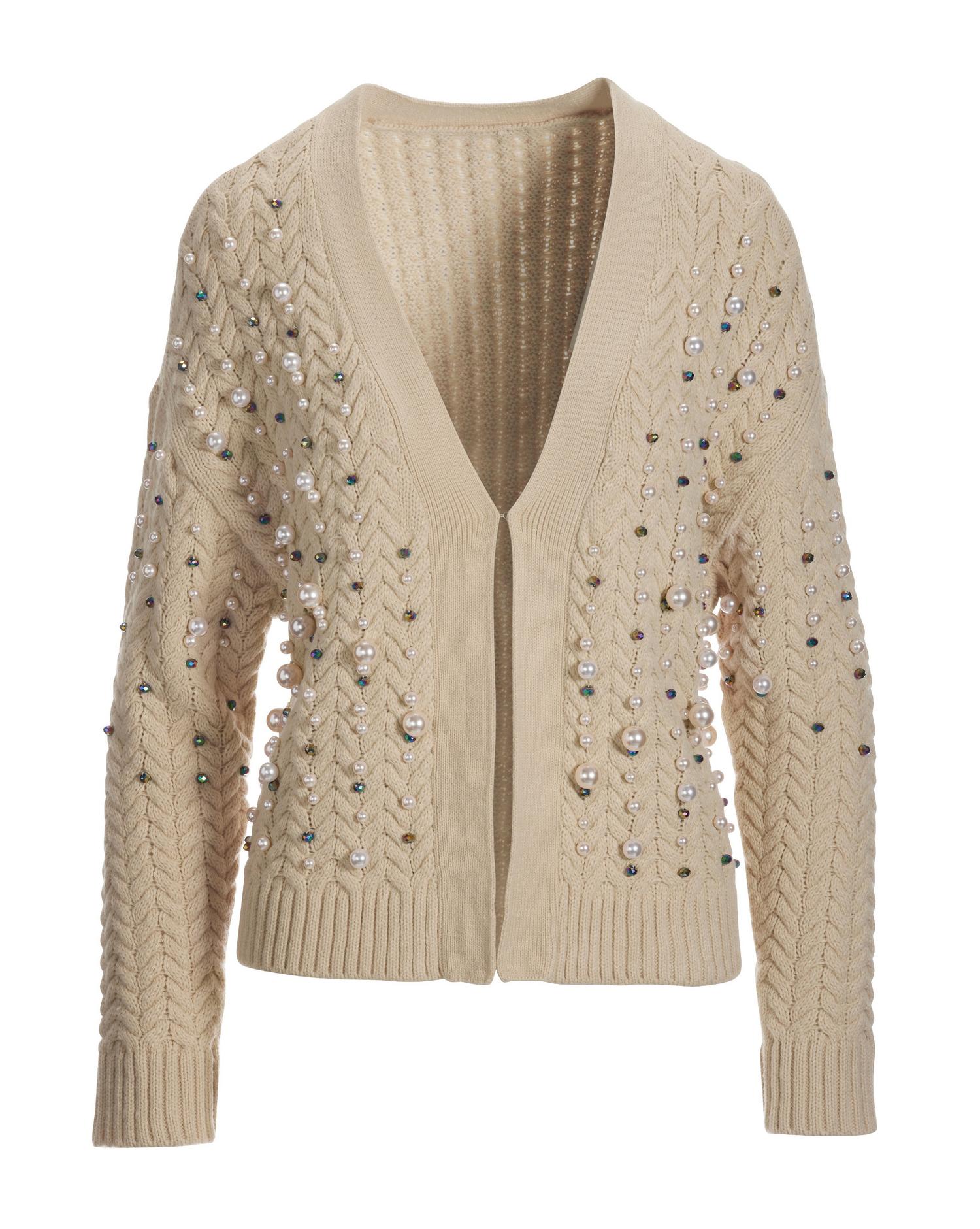 Pearl Embellished Cable Cardigan Tan | Proper