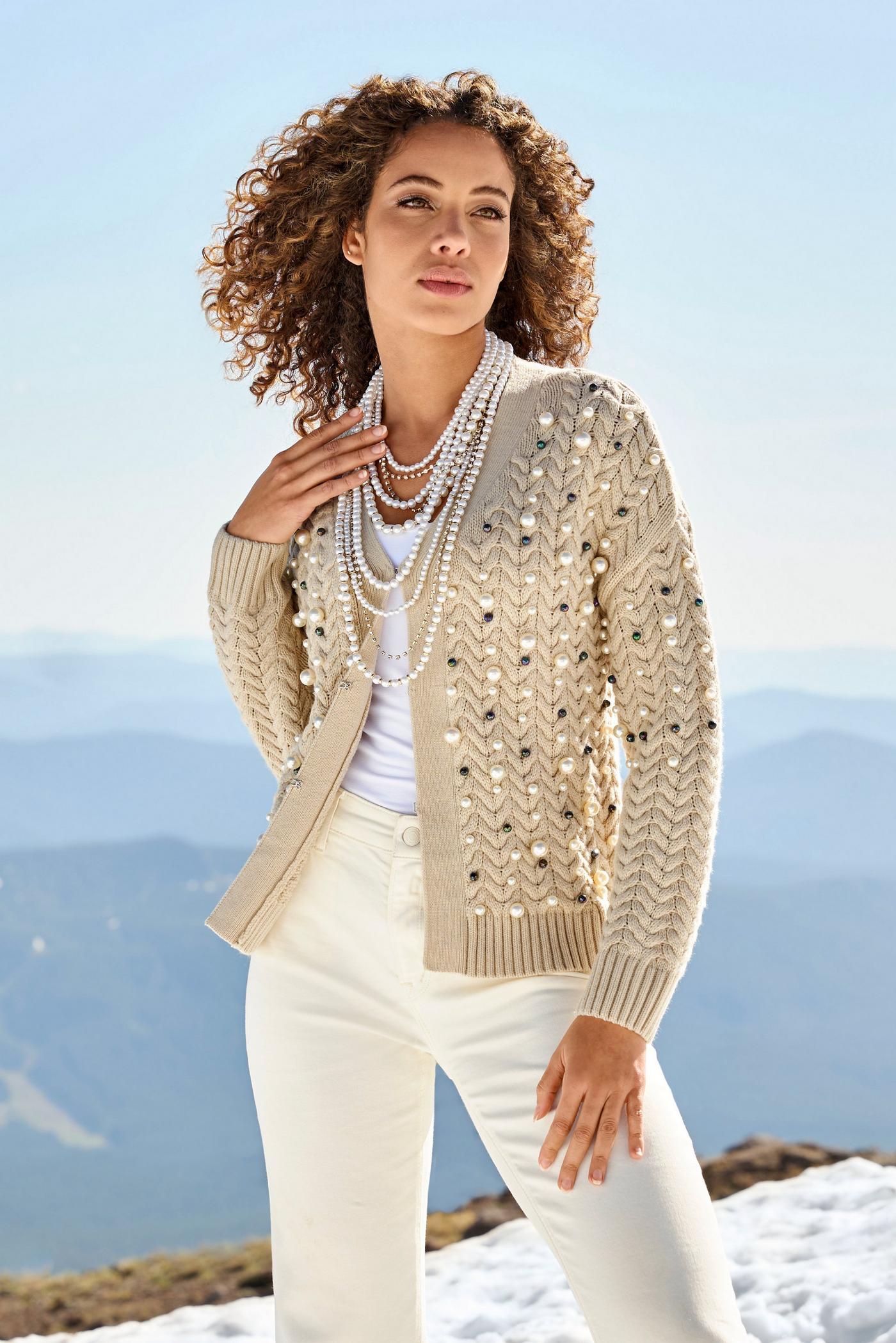 Pearl Embellished Cable Cardigan - Tan