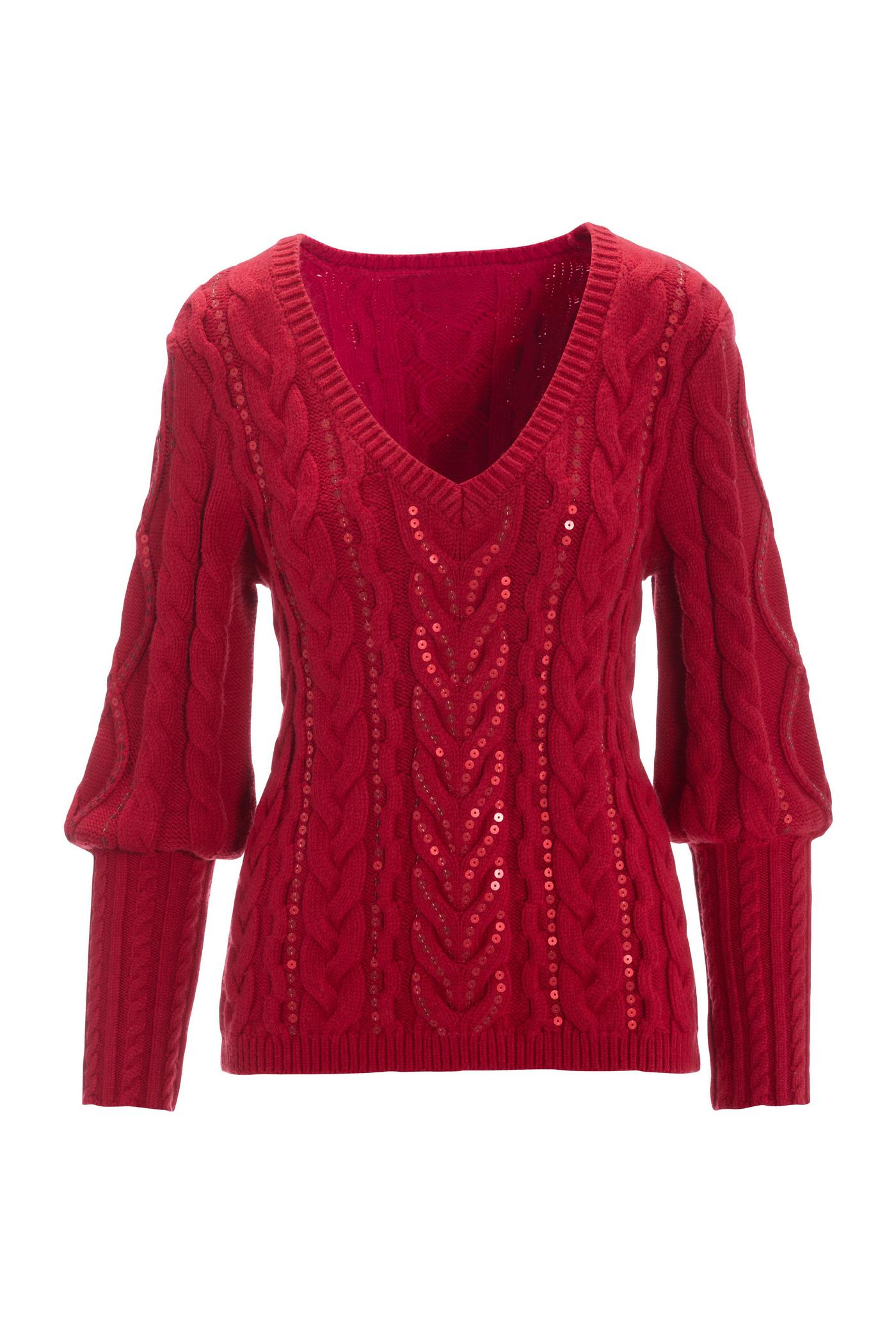 Sequin Cable V-Neck Sweater - Red