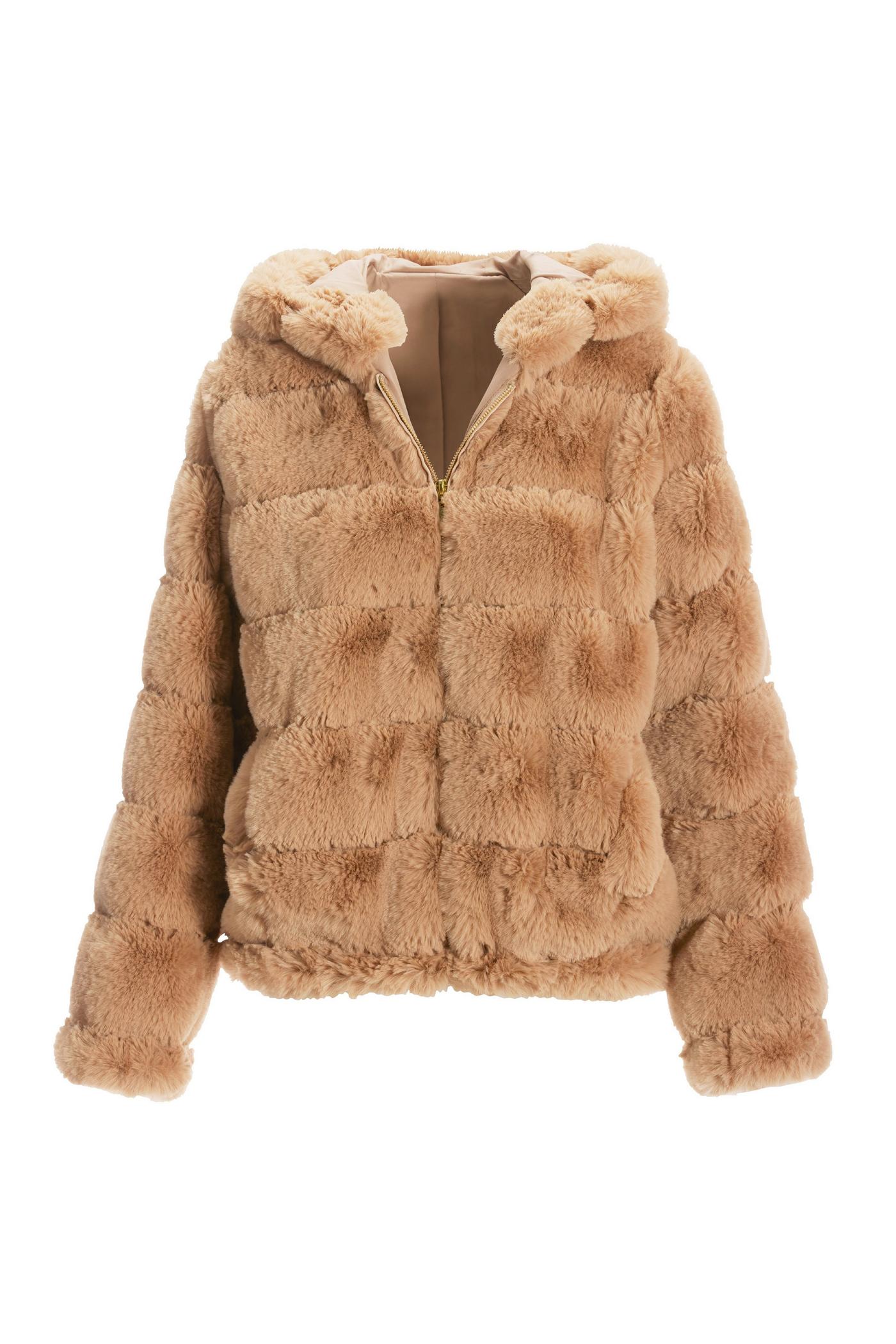 Quilted Faux Fur Hooded Jacket - Camel