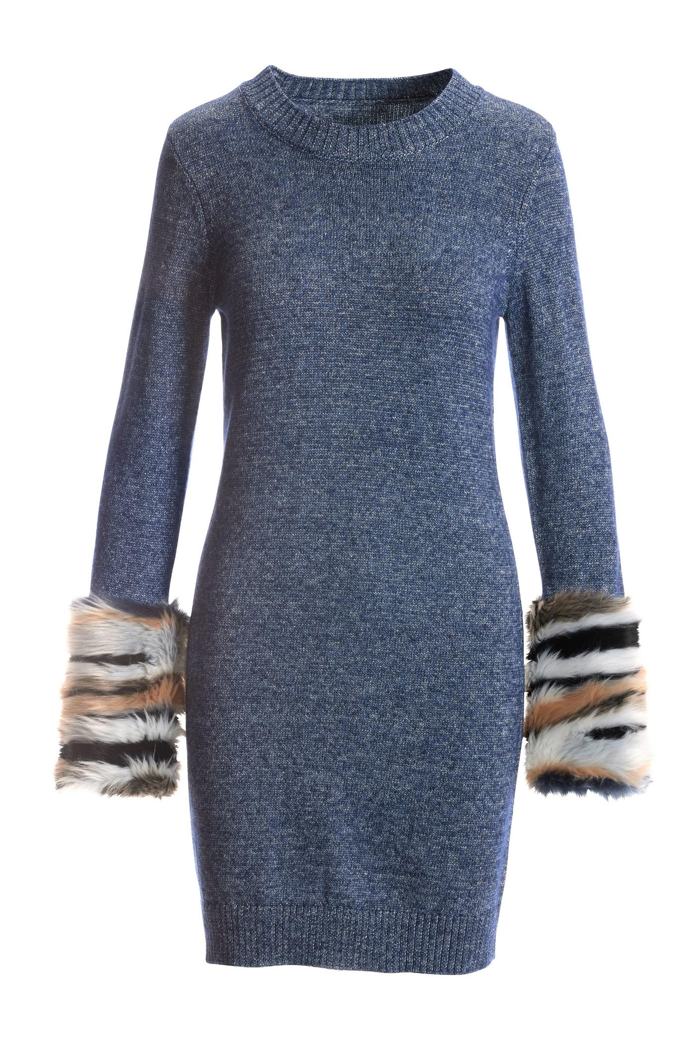 Multi Faux Fur Cuff Lurex Sweater Dress Blue Multicolor Boston Proper