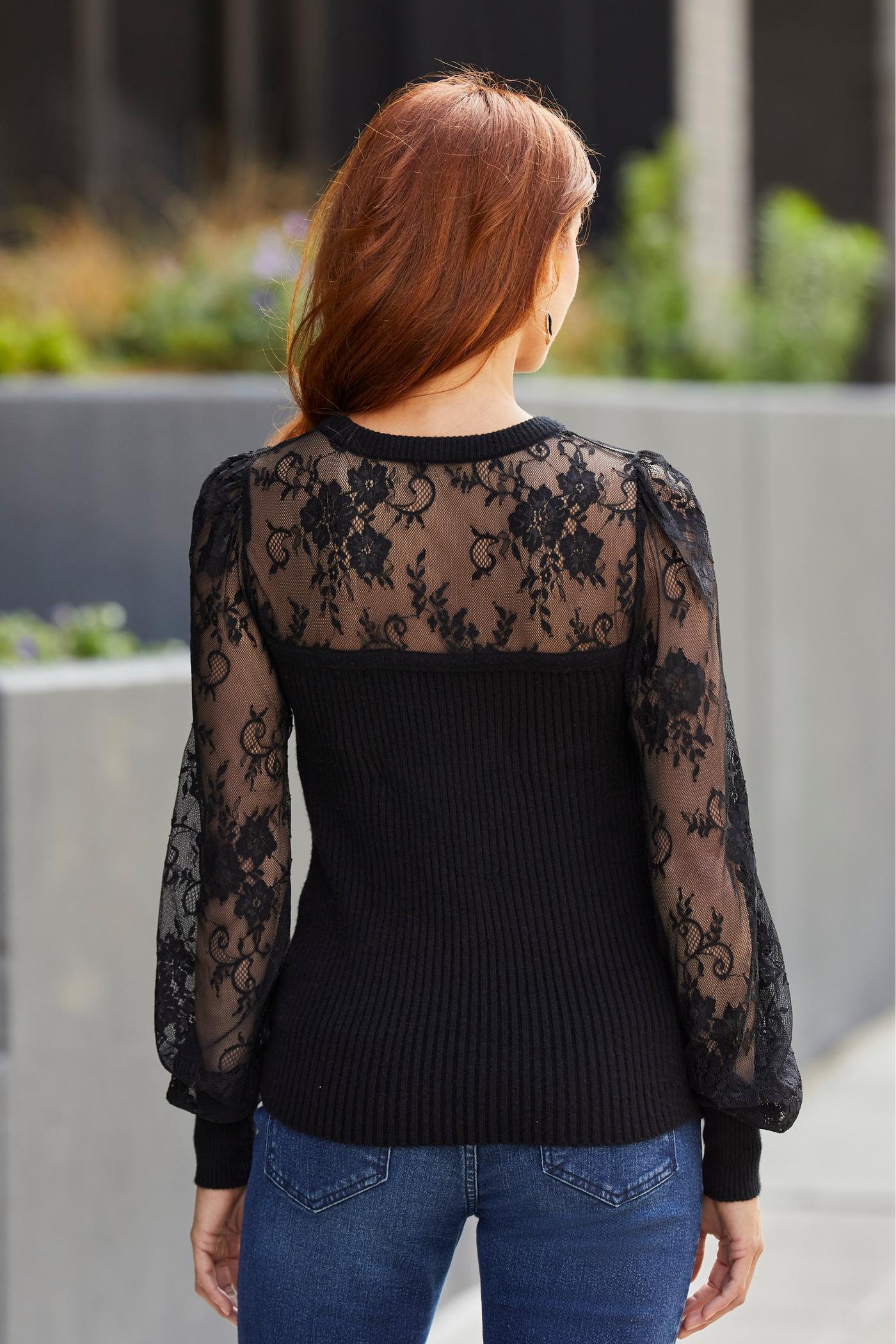 Lace Illusion Balloon Sleeve Sweater Black Boston Proper