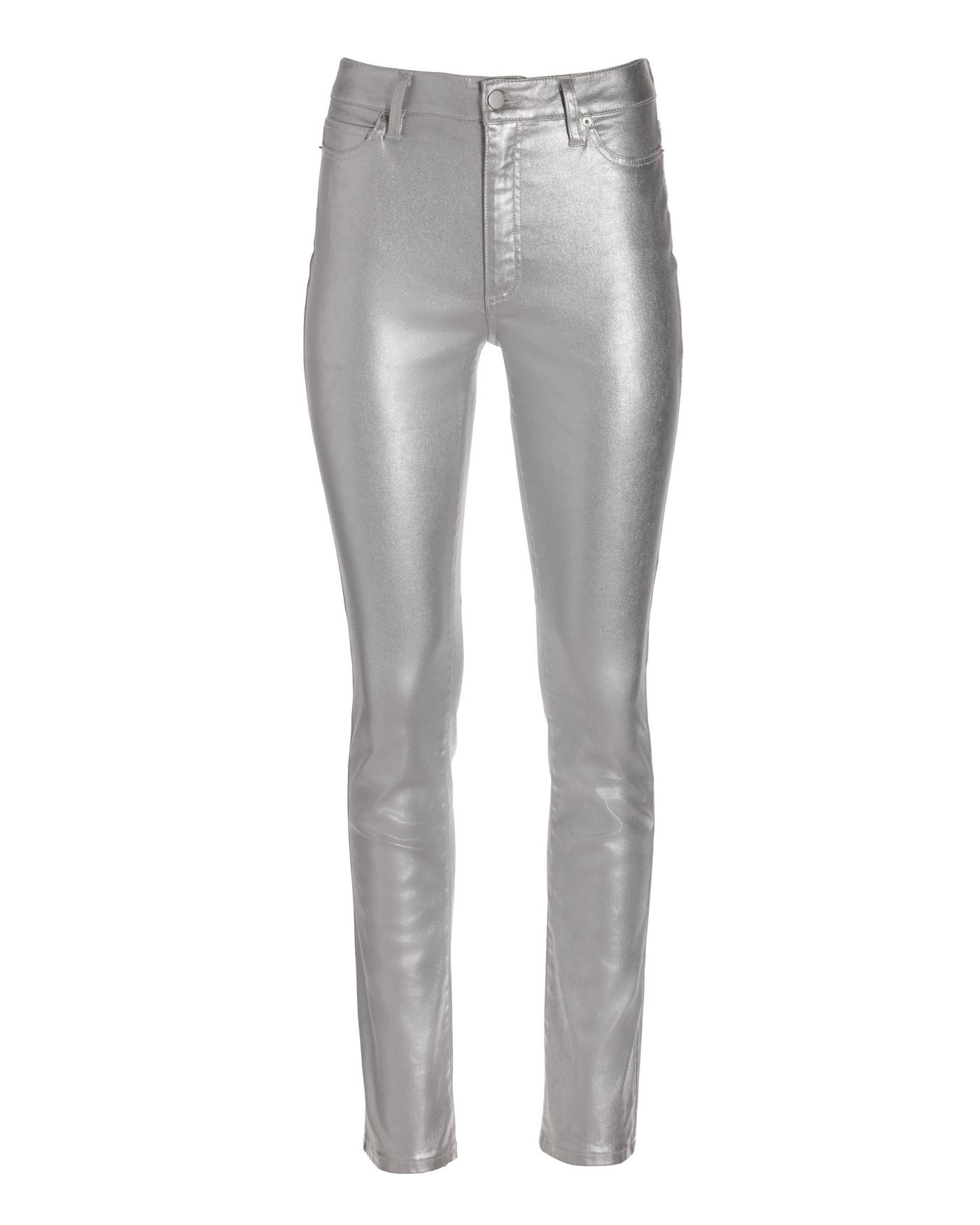 Bright Pink Metallic Look Coated Flare Jeans