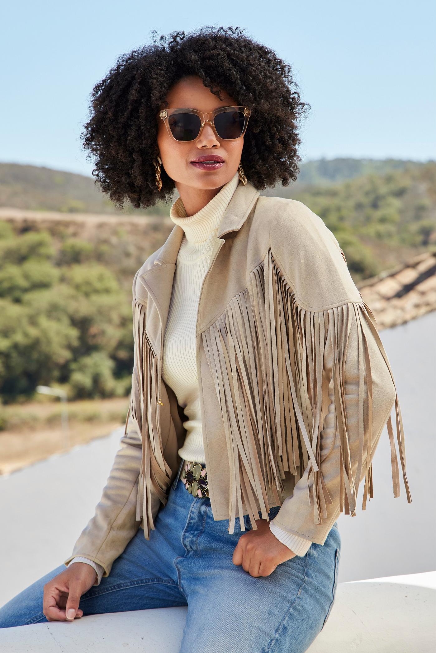 Fringed Faux Suede Jacket Sand Boston Proper