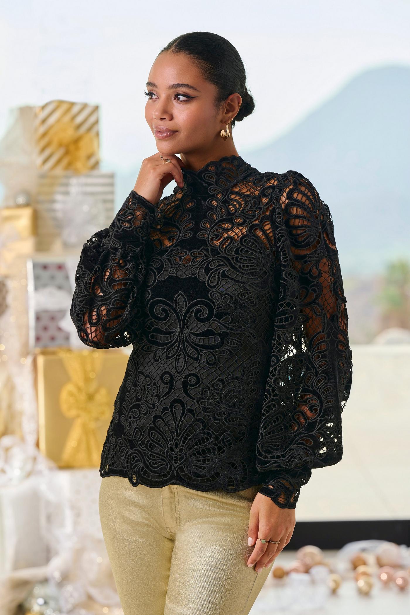 Velvet Lace Mock Neck Long Sleeve Blouse Black