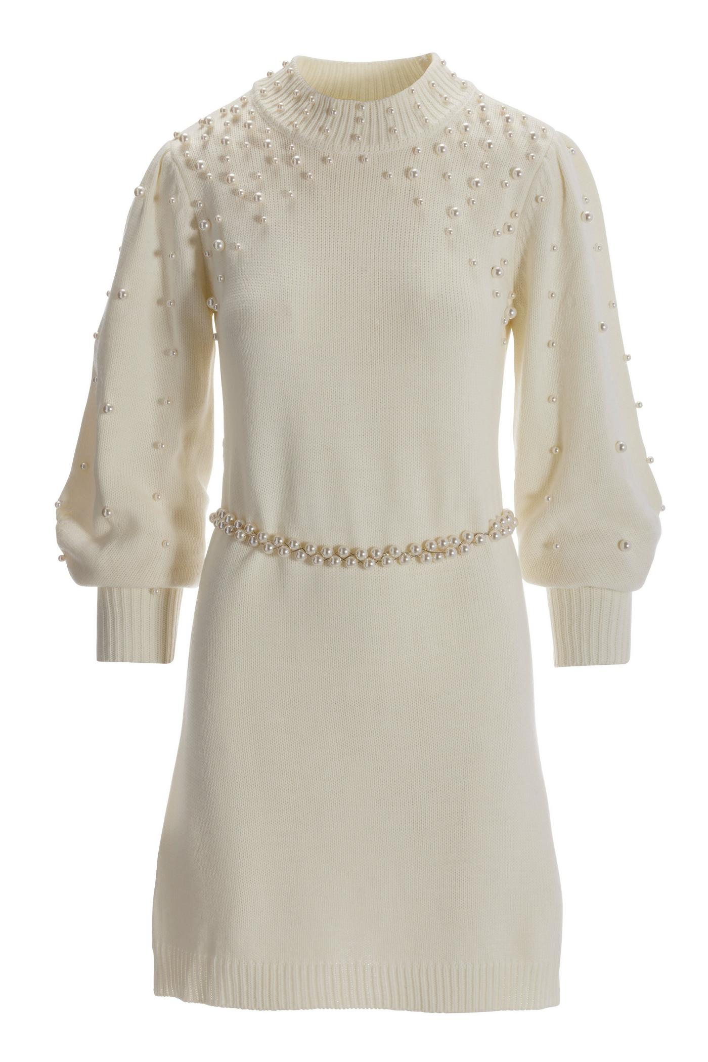 Pearl Embellished Sweater Dress Off White