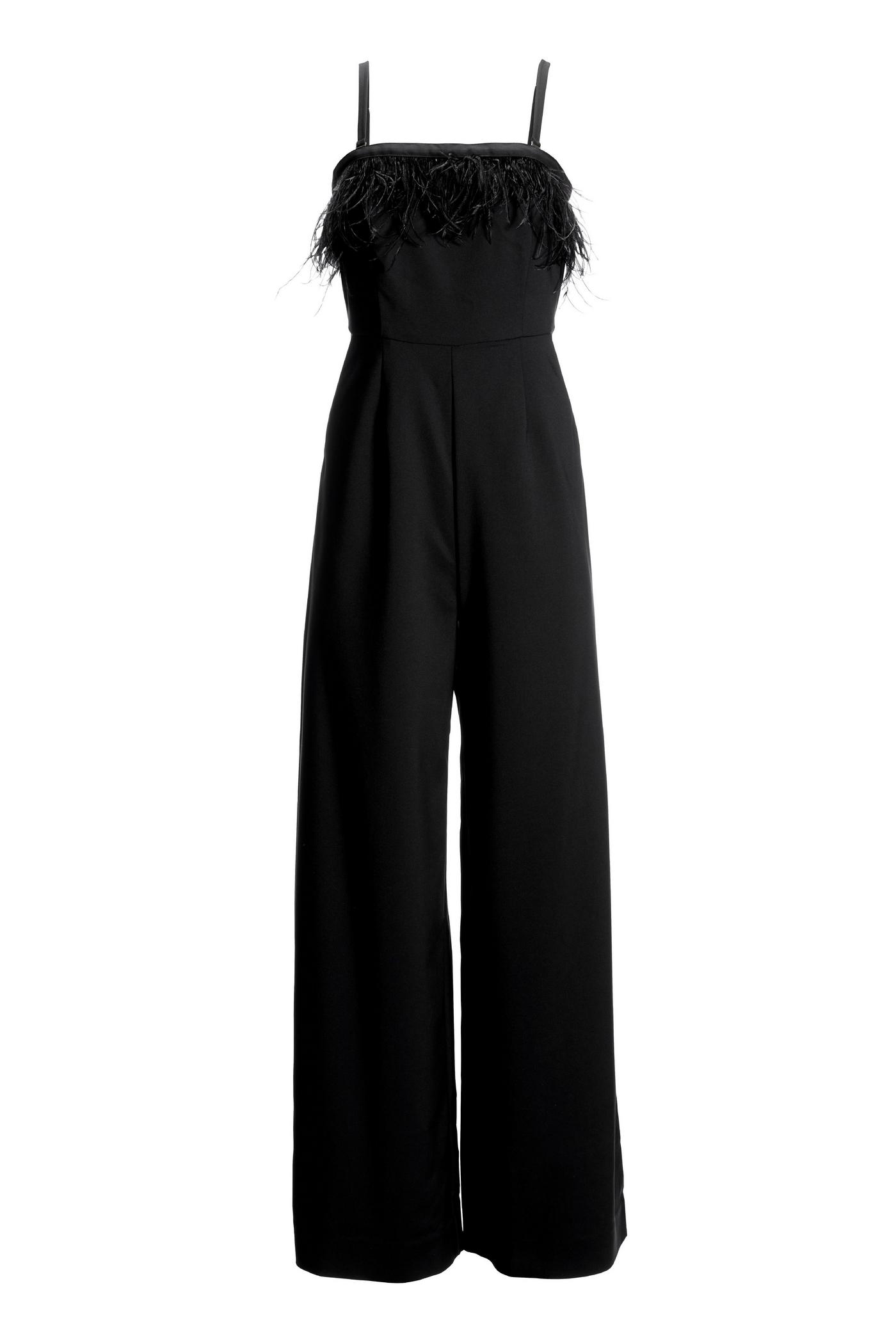 Strapless Faux-Feather Wide-Leg Jumpsuit - Black