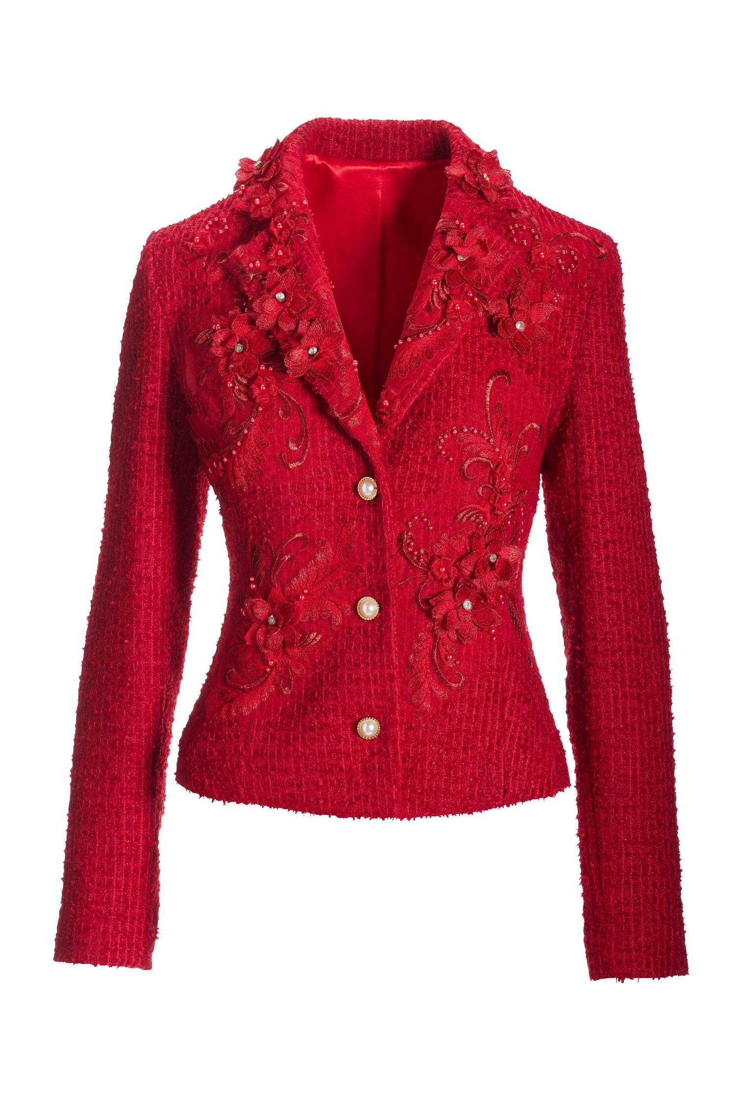 3D Floral Applique Tweed Jacket - Jester Red | Boston Proper