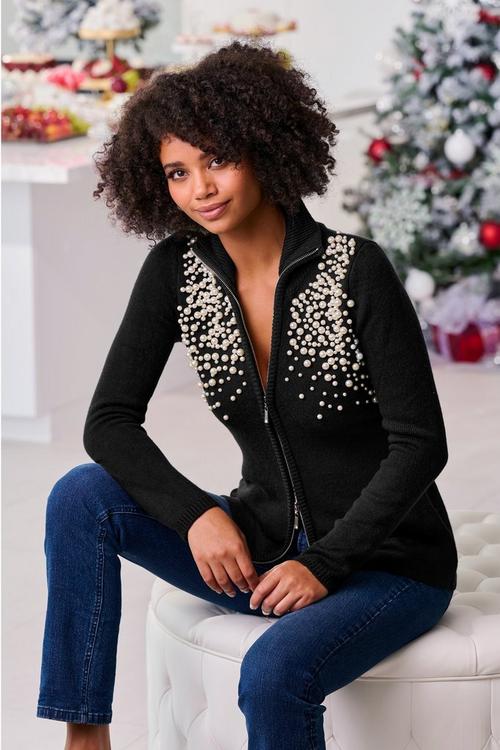 Pearl Embellished Zip-Up Cardigan Sweater Black - Black / XXS