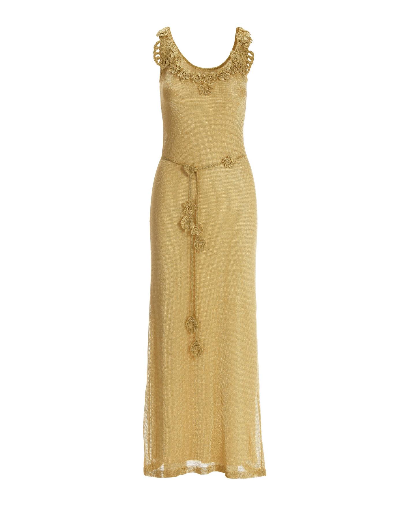 Floral Applique Metallic Crochet Dress - Gold