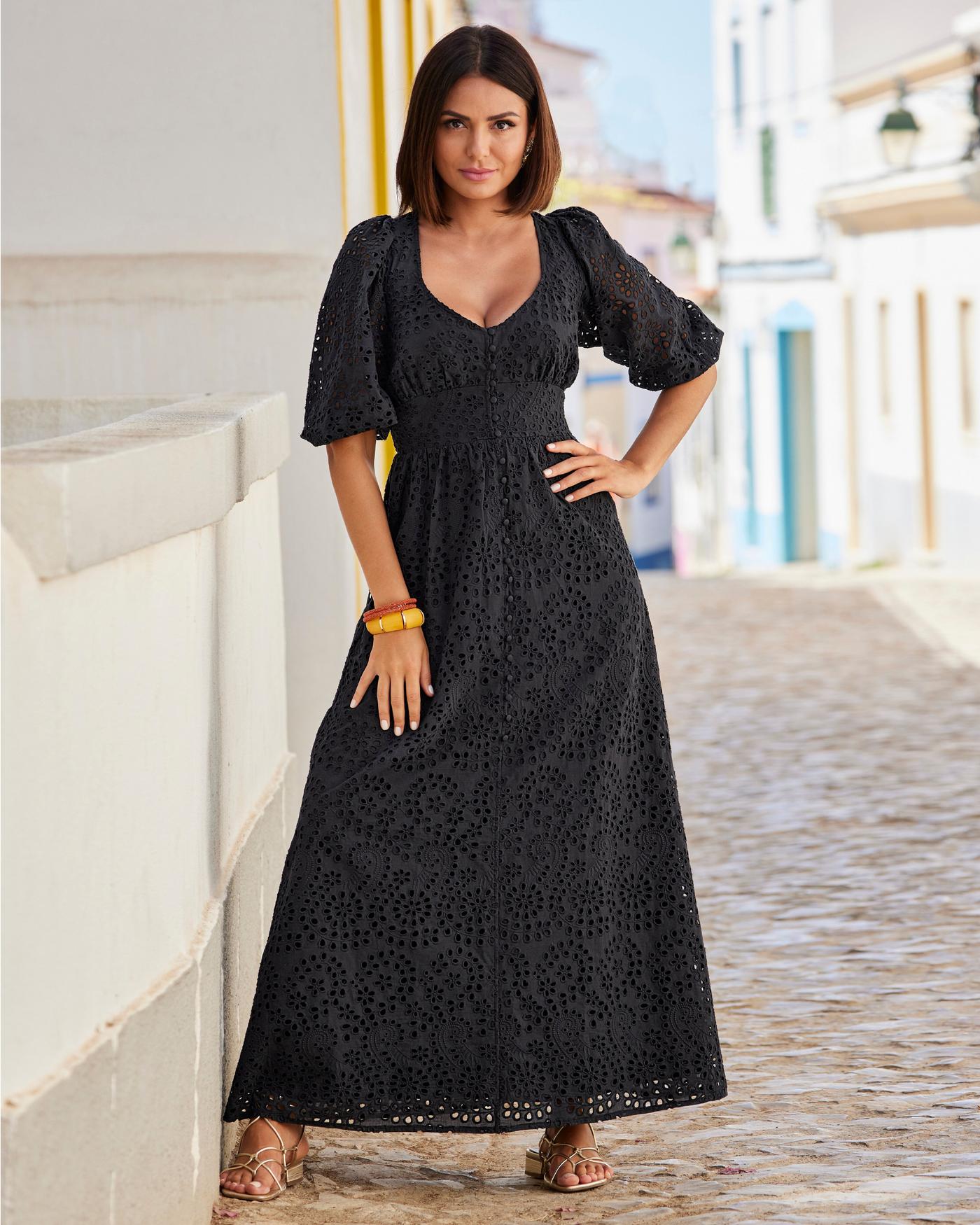 Eyelet Covered Button Maxi Dress Black