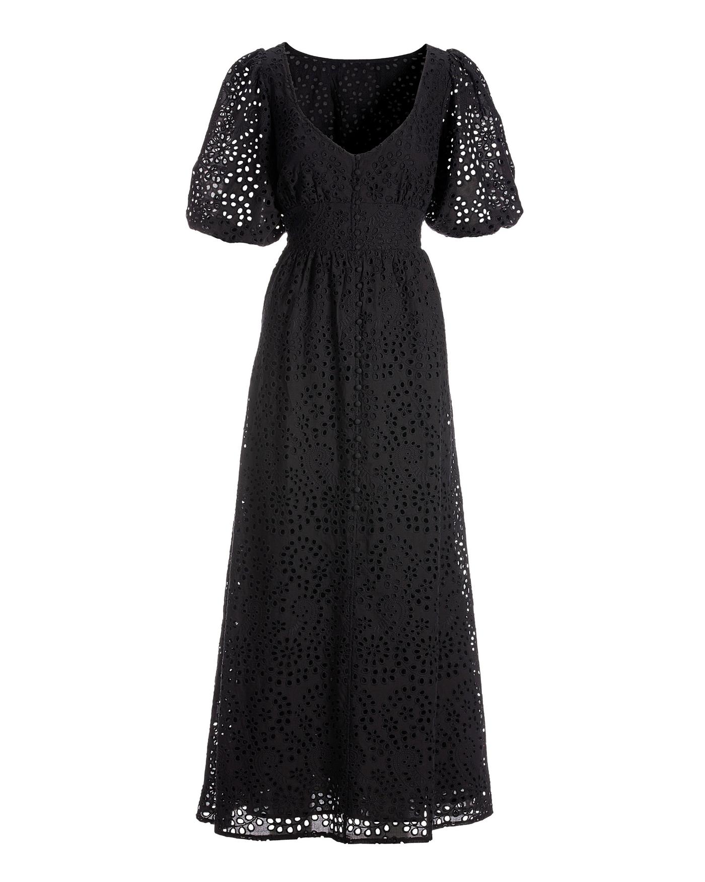 Eyelet Covered Button Maxi Dress - Black