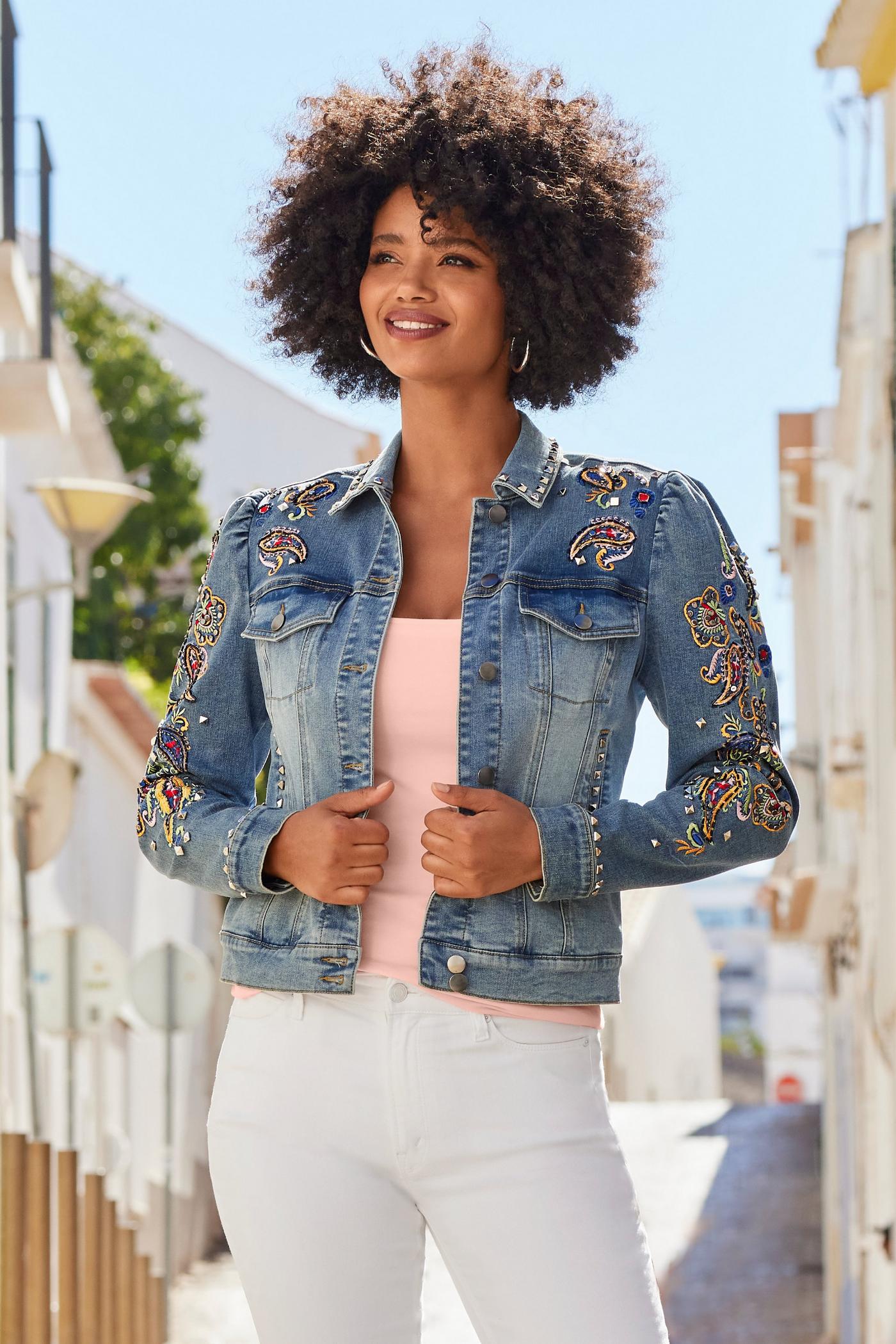 Paisley Embroidered And Embellished Puff Sleeve Denim Jacket Light Wash Boston Proper