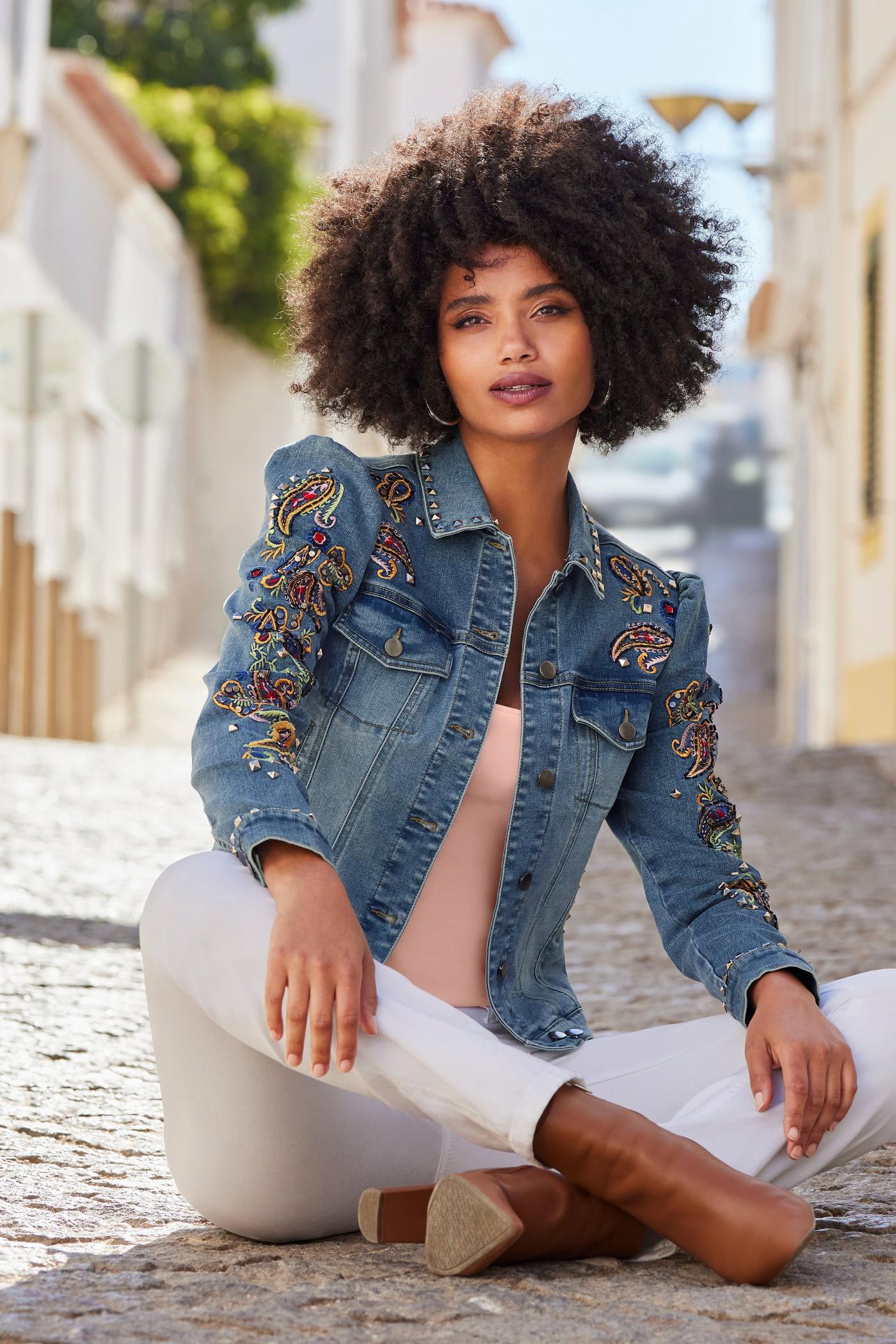 Paisley Embroidered And Embellished Puff Sleeve Denim Jacket