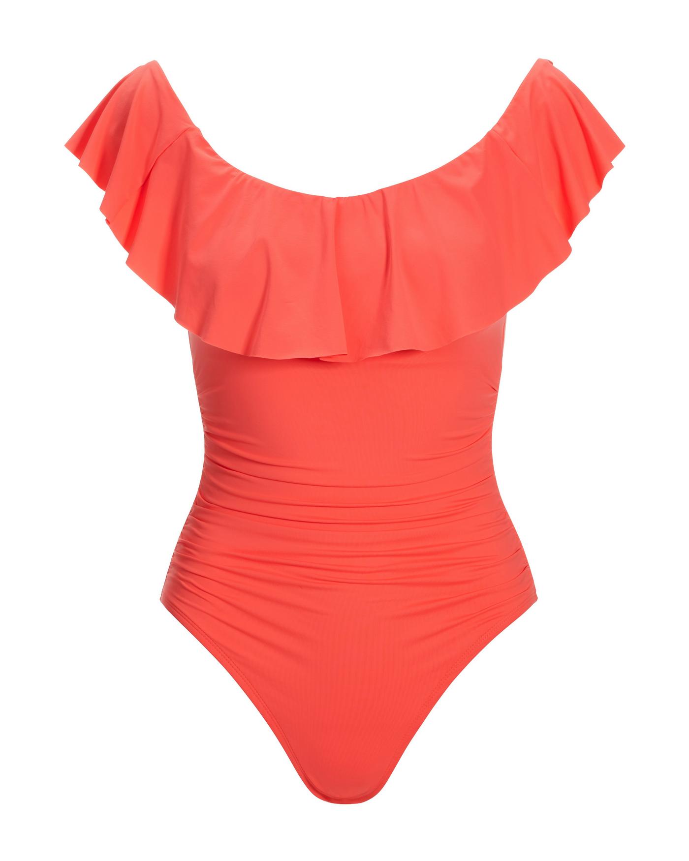 Off-The-Shoulder Lace-Up Back Ruffle One-Piece Swimsuit Hot Coral