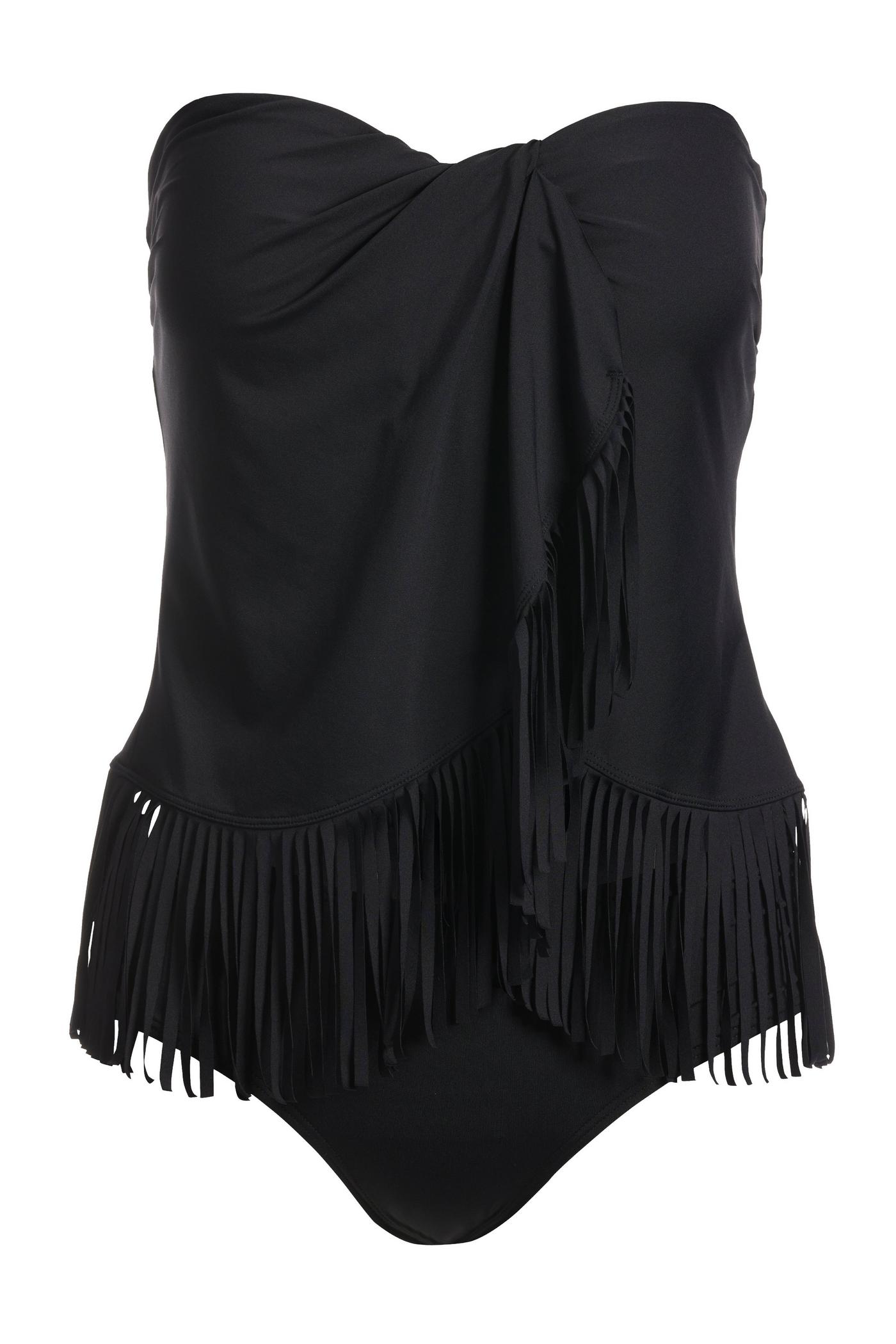 Black fringe ruched bandeau tankini with skirt hotsell