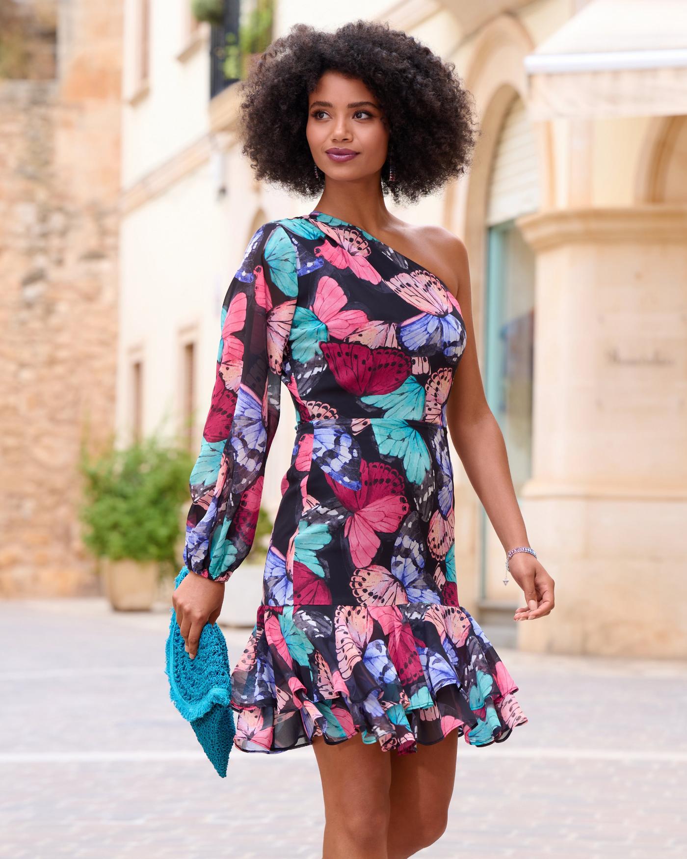 One Shoulder Butterfly Print Dress - Black Multicolor