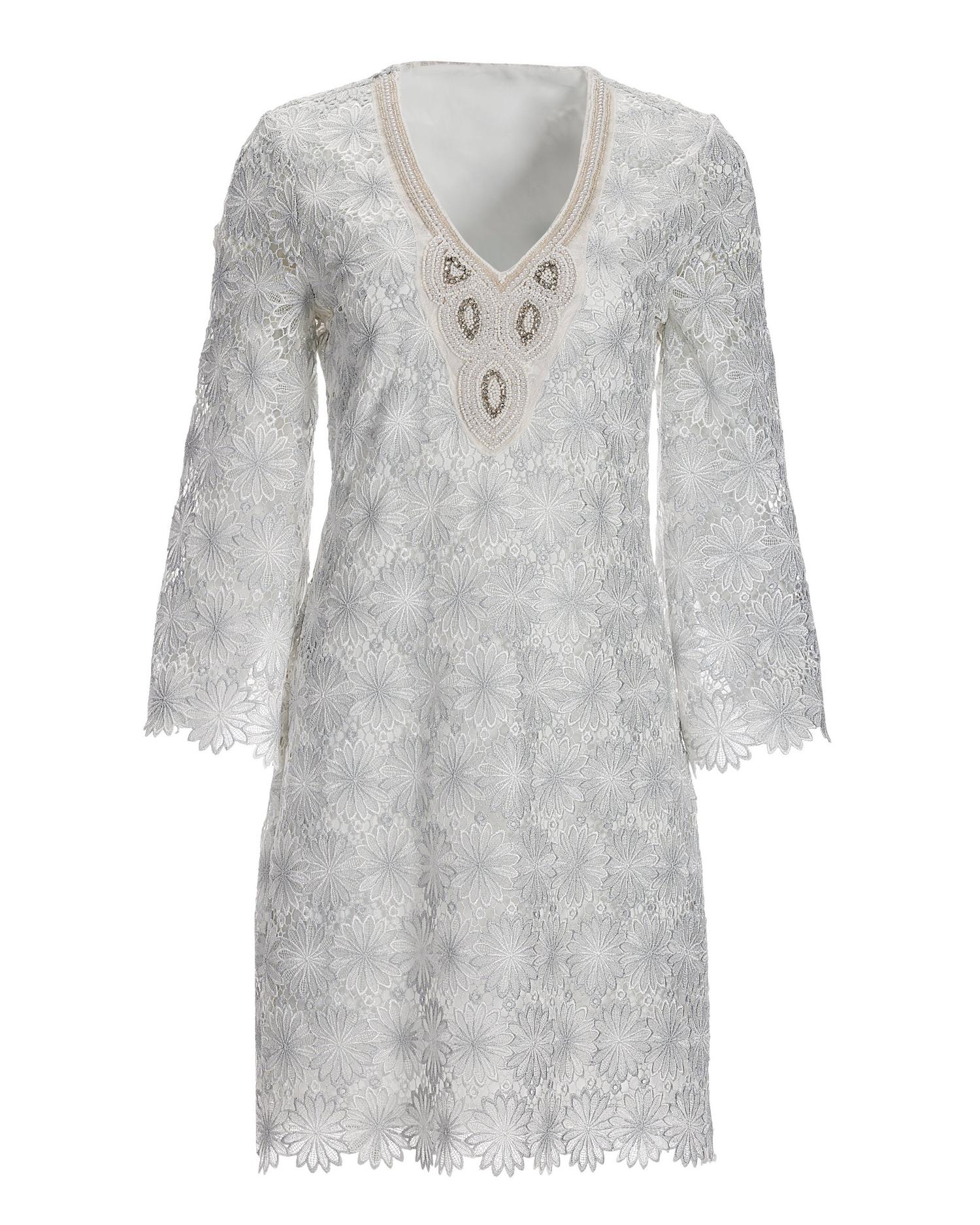 Embellished Metallic Floral Lace Tunic Dress - White/Silver