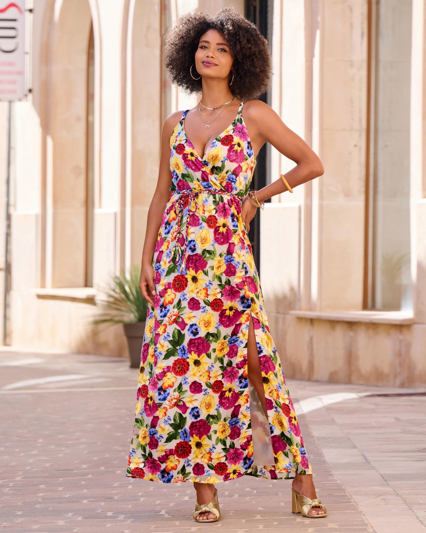 Surplice Burnout Sunflower Maxi Dress - Multicolor