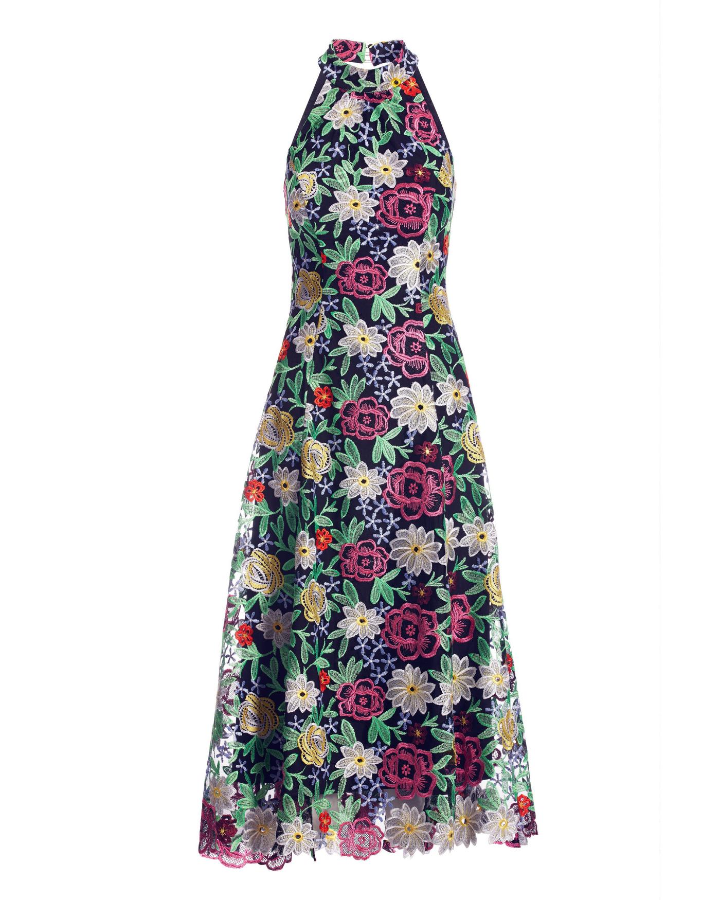 High Neck Floral Lace Trumpet Dress - Black Multicolor | Boston Proper