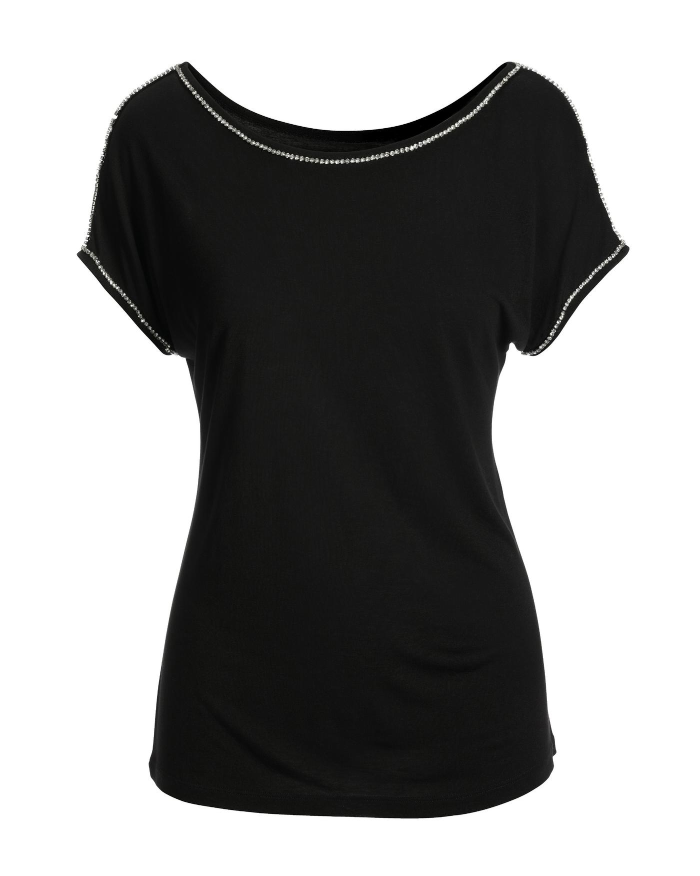 Rhinestone Trim Short-Sleeve Knit Tee - Black