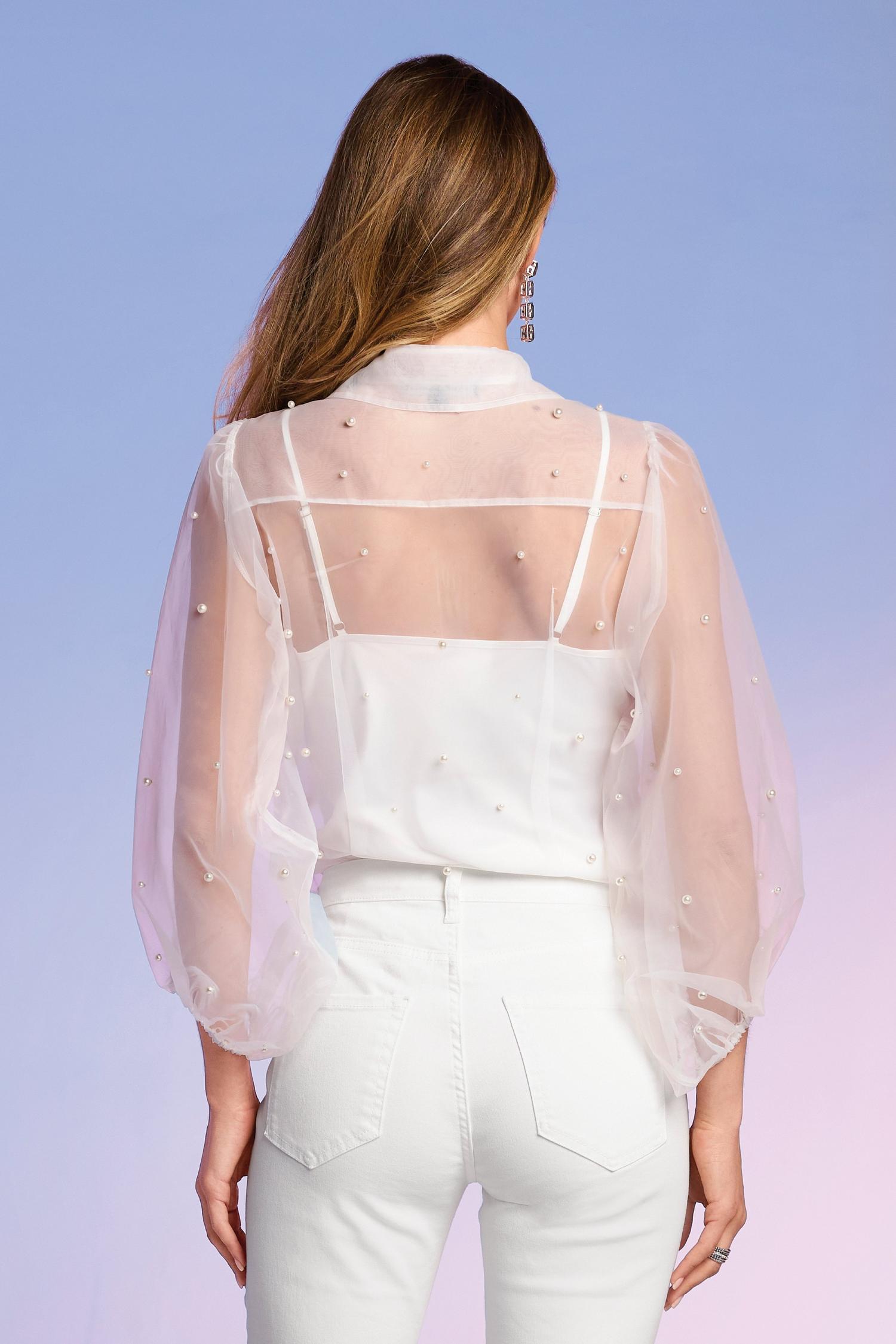 Pearl Embellished Organza Balloon Sleeve Shirt - Off White