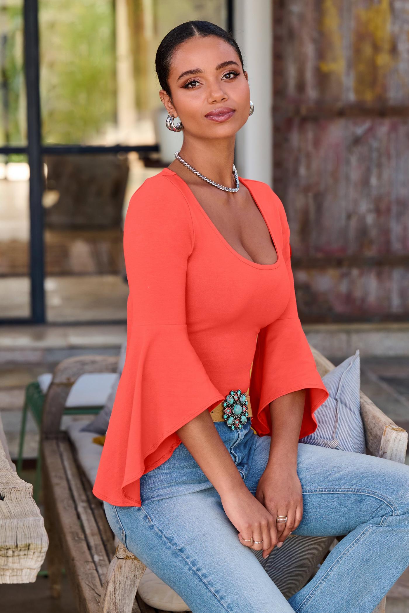 So Sexy Flare Sleeve Knit Top Hot Coral