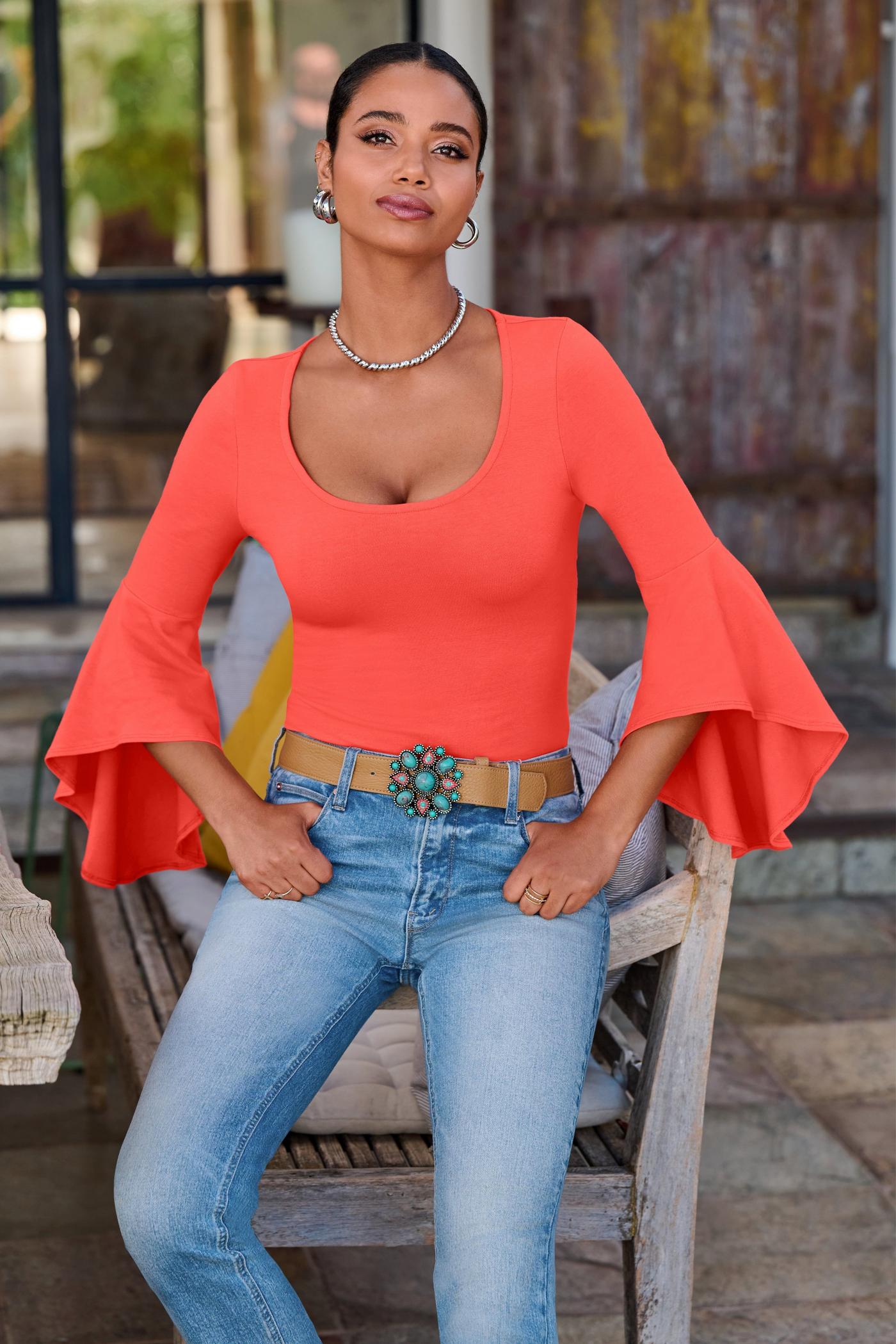 So Sexy Flare Sleeve Knit Top - Hot Coral Orange