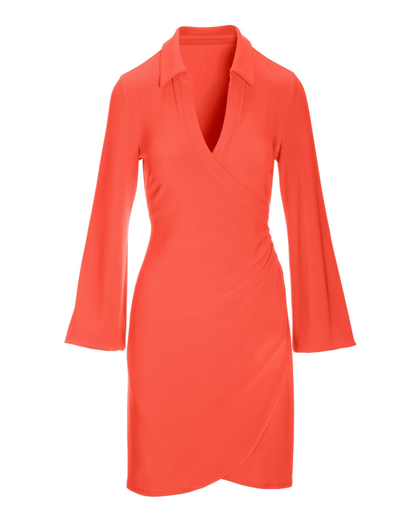 Long Sleeve Belted Fit-and-Flare Coat Dress in Coral