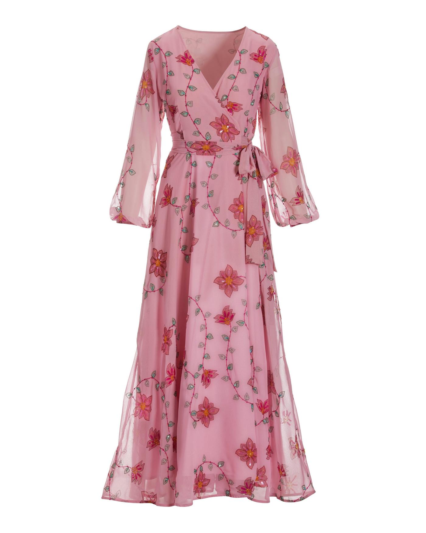 Boston Proper - Peony Pink - Floral Embellished Wrap Maxi Dress - Xs