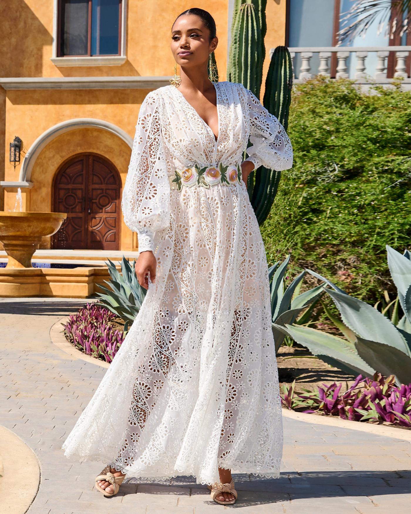 Lace Balloon-Sleeve Slit Maxi Dress - White