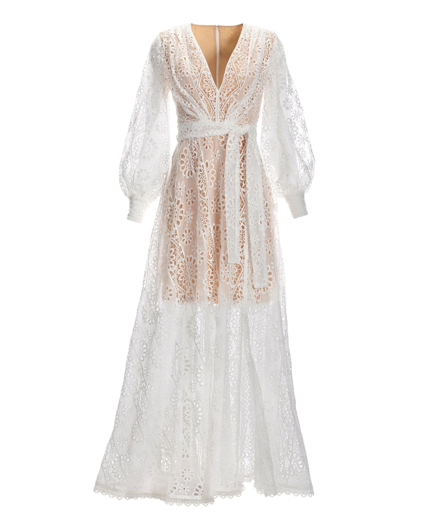 Lace Balloon-Sleeve Slit Maxi Dress - White | Boston Proper