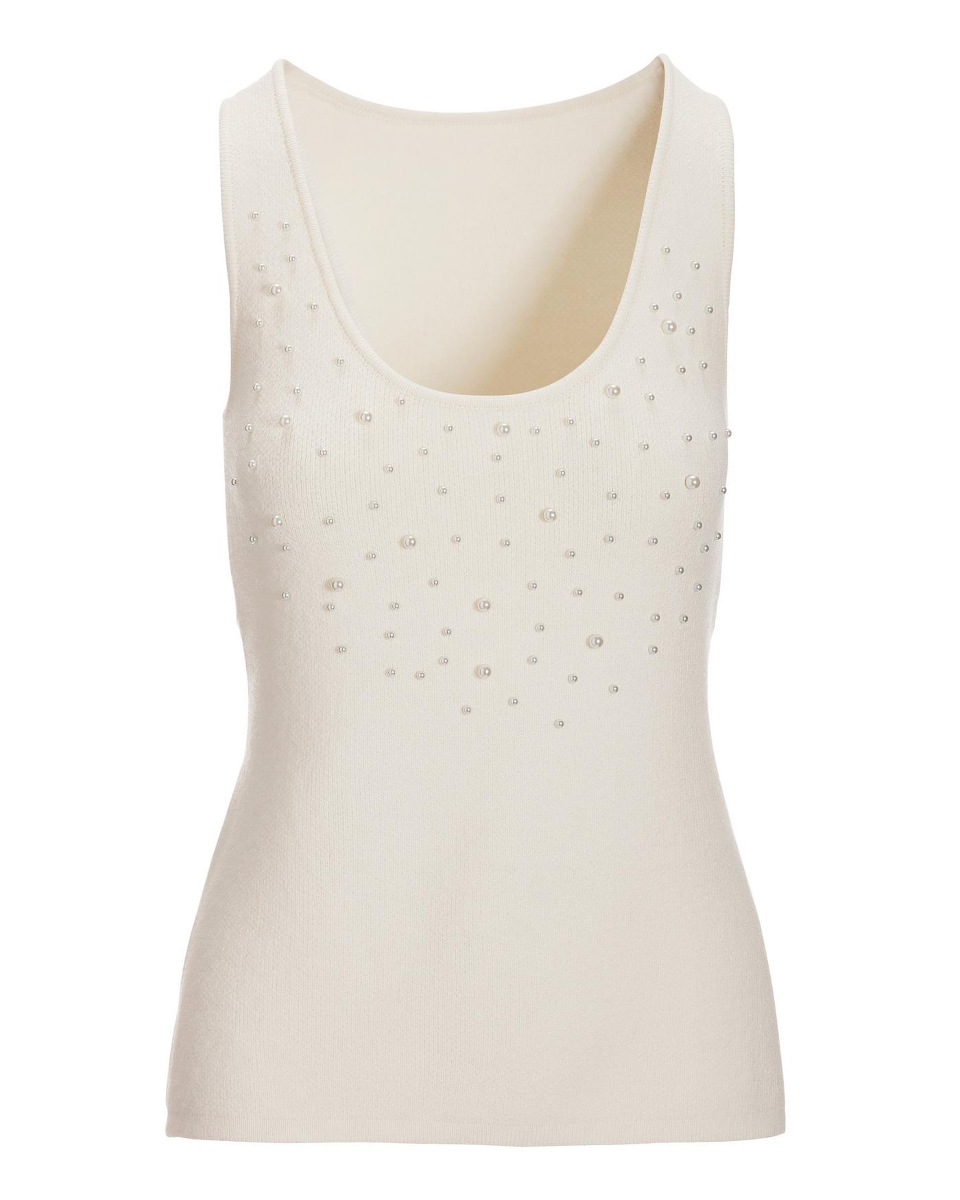 Pearl Embellished Scoop Neck Sweater Tank Top - Off White