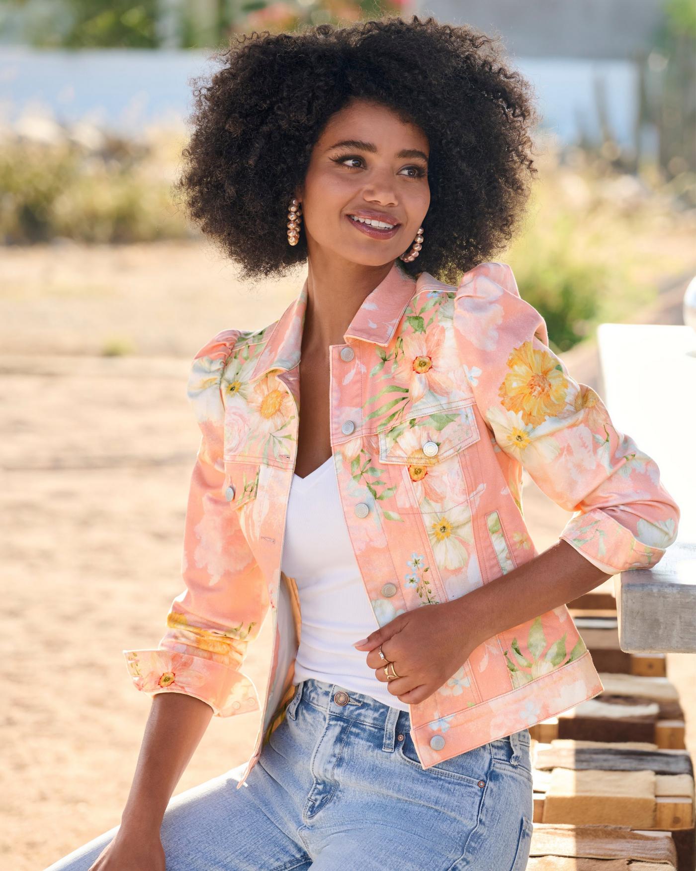 Vintage Blooms Print Puff-Sleeve Denim Jacket Pink