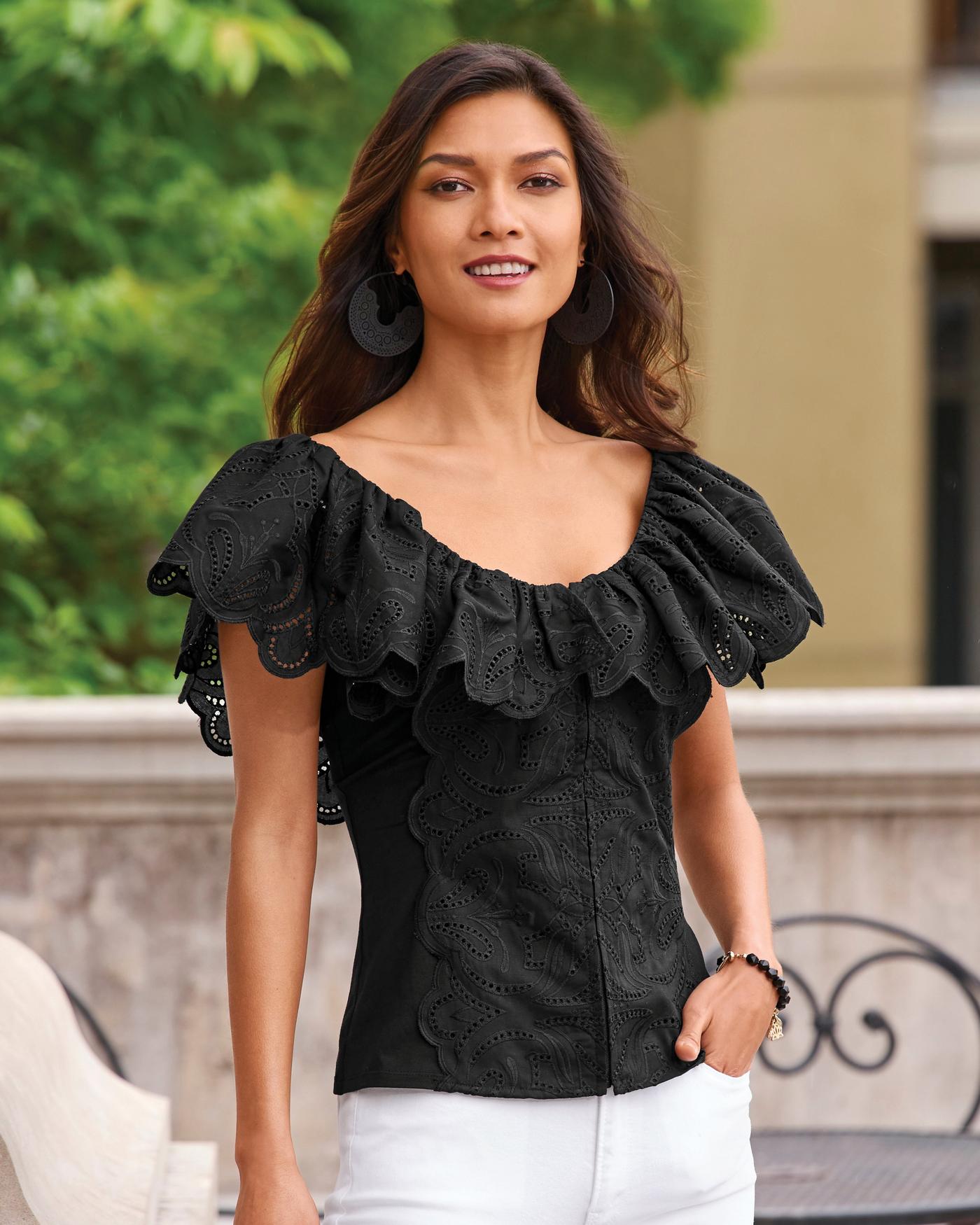 Eyelet Ruffle Zip-Up Top - Black