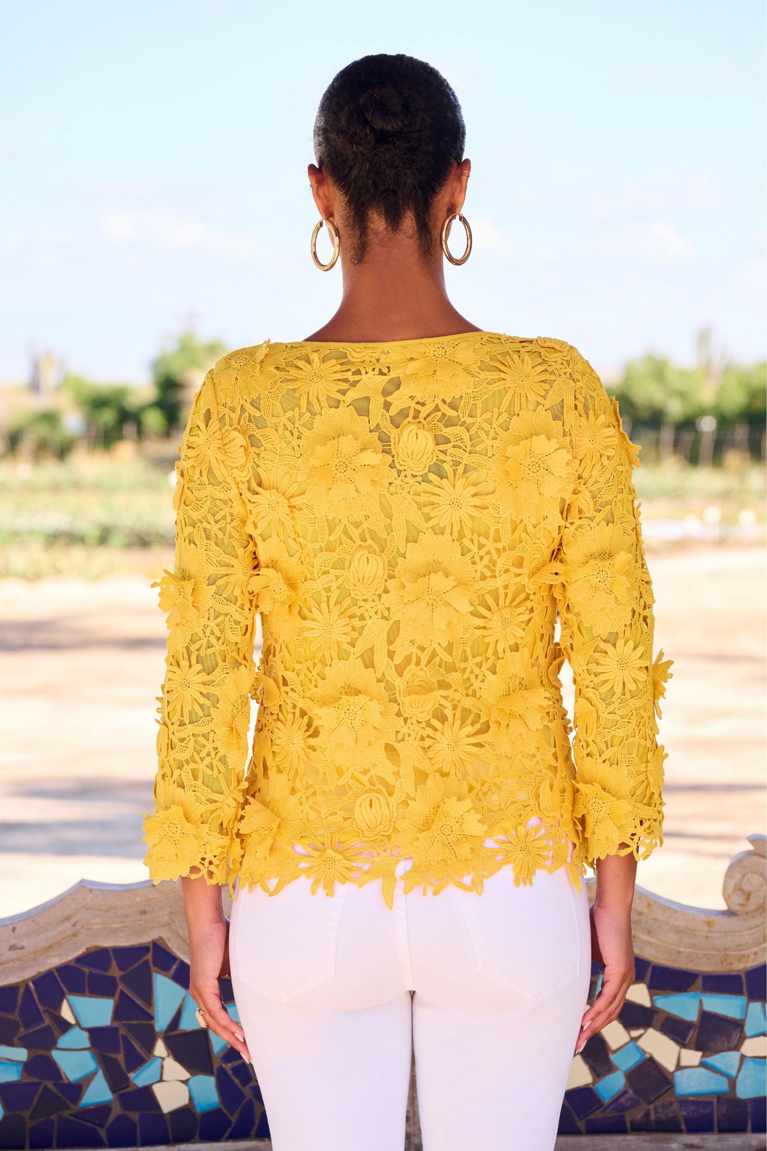 Three-Quarter Sleeve 3D Floral Lace Jacket - Lemon Drop Yellow