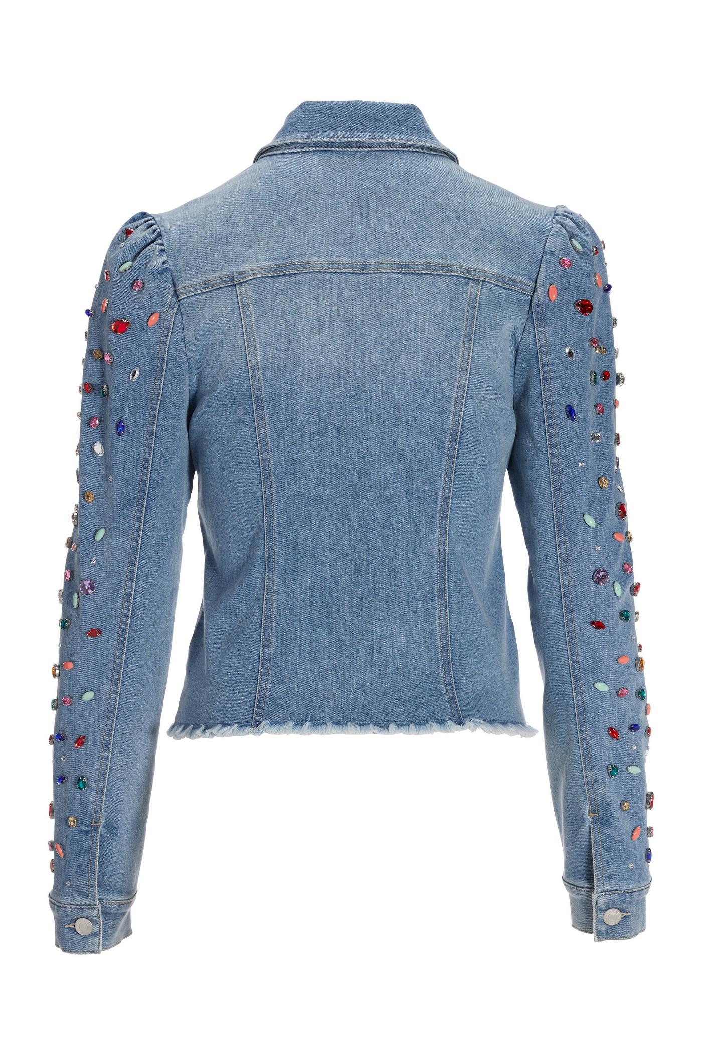 Bright Crystal Embellished Puff-Sleeve Denim Jacket Light Wash