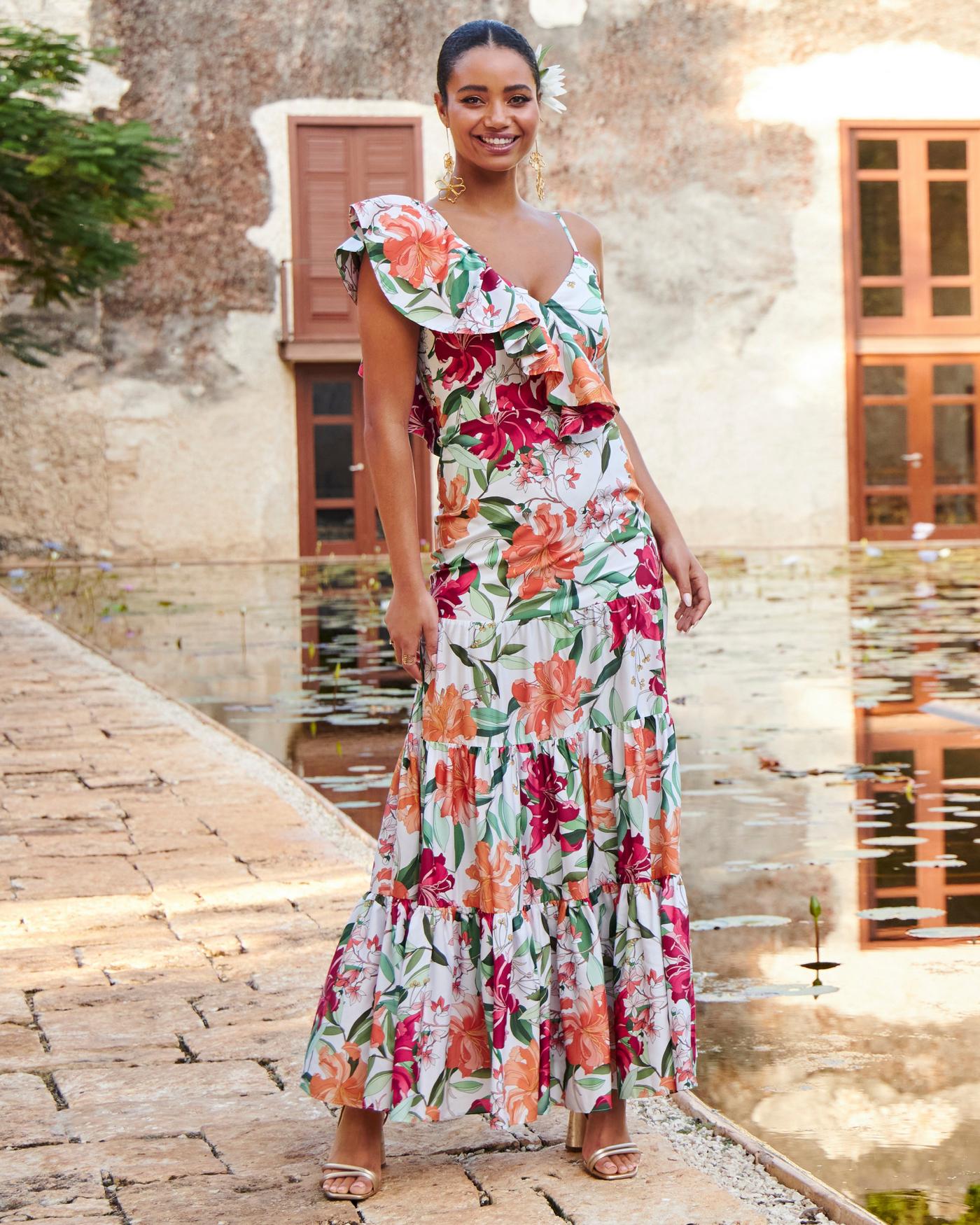 White maxi dress shop with purple flowers