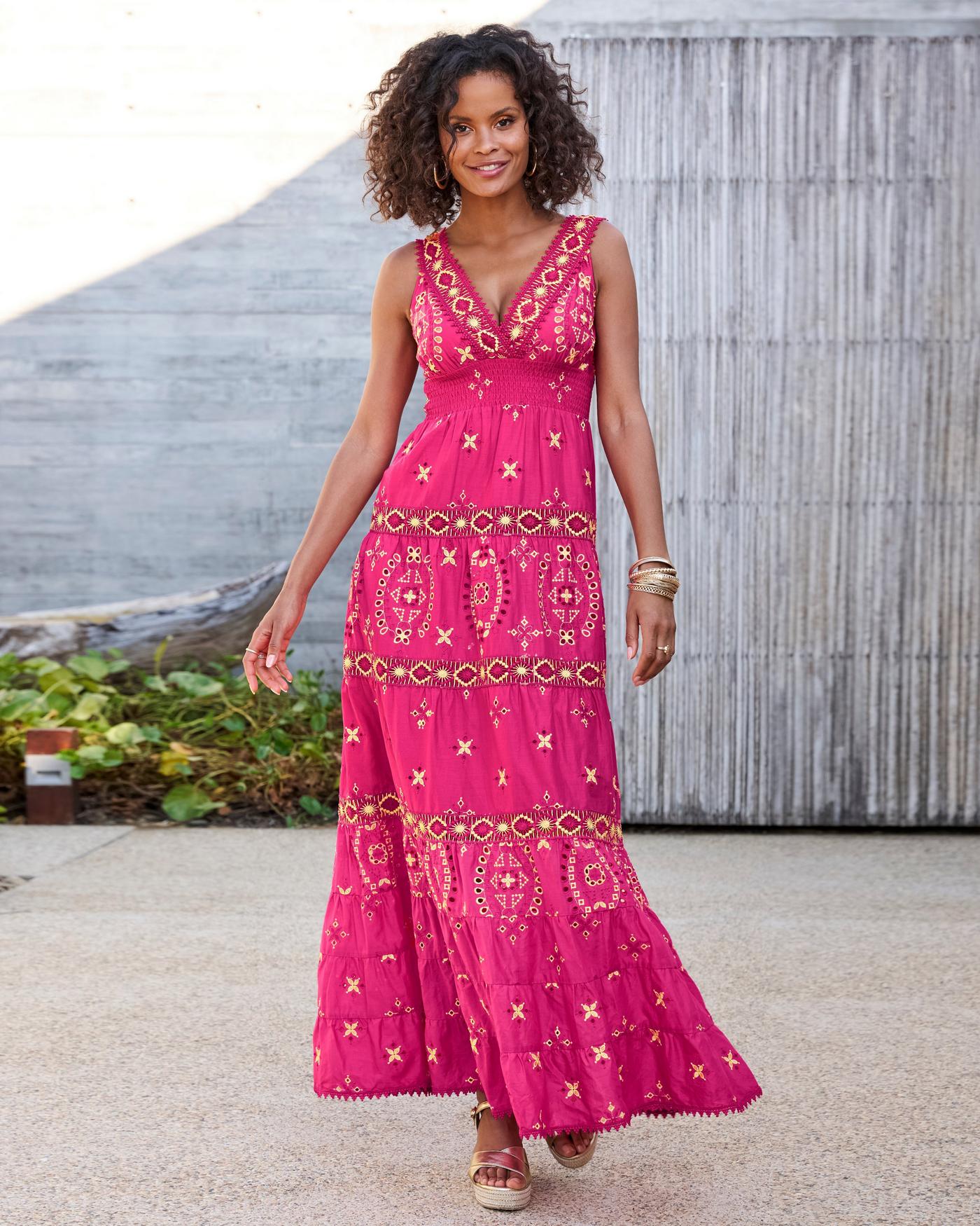 Metallic Lace-Inset Eyelet Maxi Dress - Pink/Gold