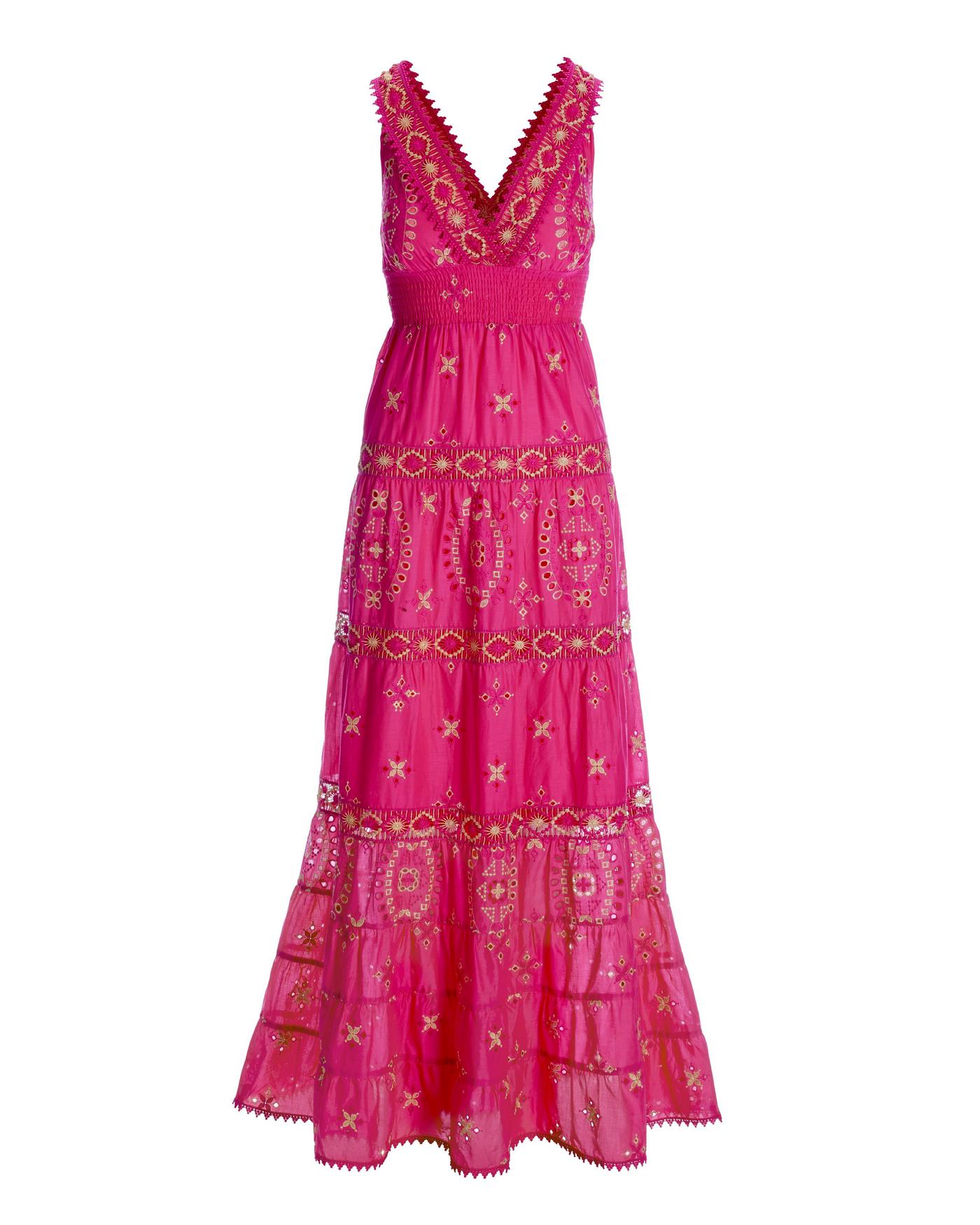 Metallic Lace-Inset Eyelet Maxi Dress - Pink/Gold | Boston Proper