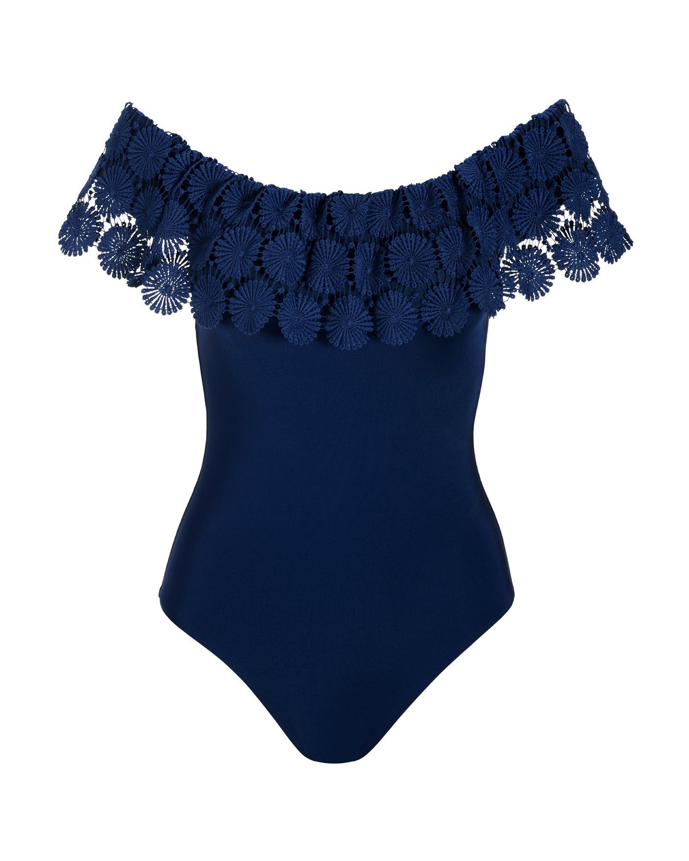 Bardot Crochet Off-The-Shoulder One-Piece Swimsuit - Navy